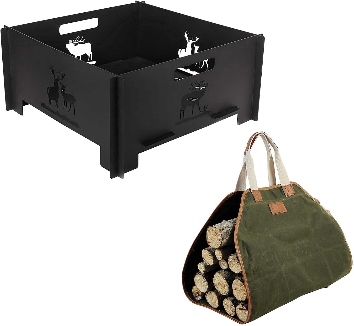 Portable Plug Fire Pit and Canvas Log Carrier Bag, Heavy Duty Outdoor Living FirePit and Waxed Durable Wood Tote