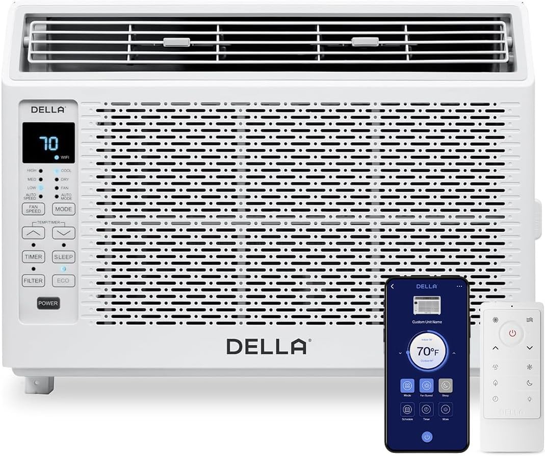 DELLA 5000 BTU Smart Window Air Conditioner Compatible with Alexa, Cools Up to 150 Sq. Ft, Small Room AC Unit with GEO Location, WIFI & Remote Controls, Dehumidifier, Fan Cools, Eco, Easy Install