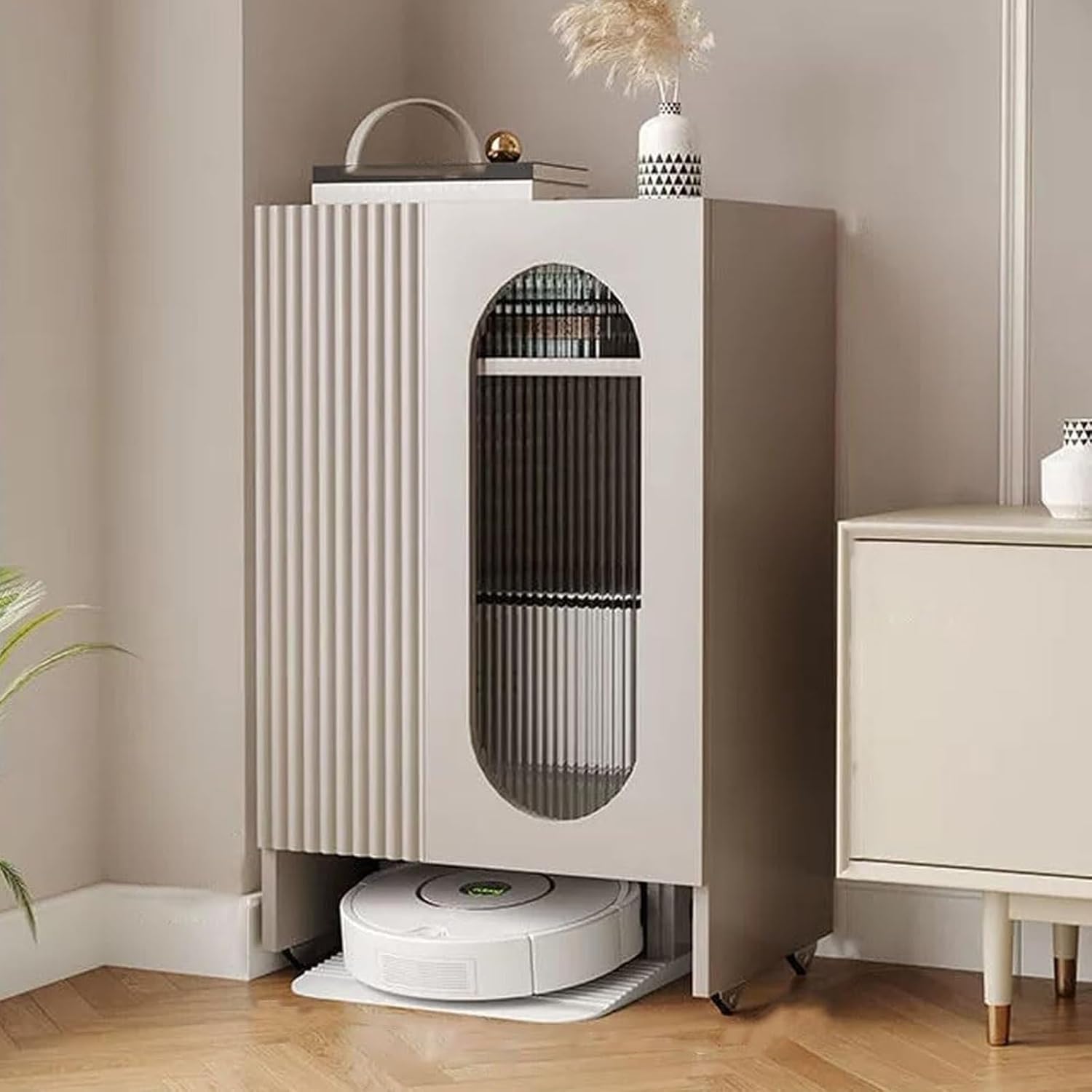 Storage Cabinet with Door for Robot Vacuum, Robot Vacuum Hiding Cabinet, with Wheels Household End Side Table, Wood Organizer Stand for Living Room, Home Office(Champagne)