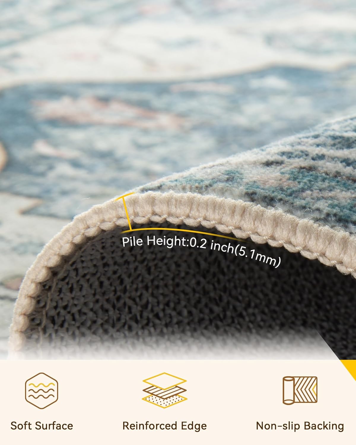 Area Rugs 10'x14' Washable Non-Slip, Floral Vintage Distress Print Pattern Medallion Carpet for Living Room Bedroom Dining Room, Dark Blue Vintage