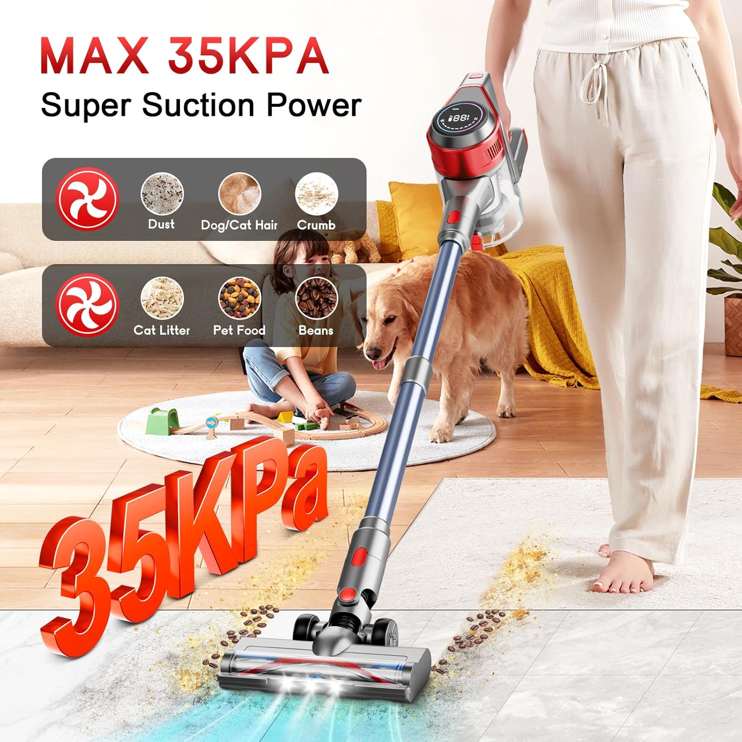 Cordless Stick Vacuum Cleaner - Rechargeable, 35Kpa Powerful Vacuums with Detachable Battery, LED Display, 45Mins Runtime, 8 in 1 Handheld Vacuum for Hardfloor & Carpets Pet Hair, Red