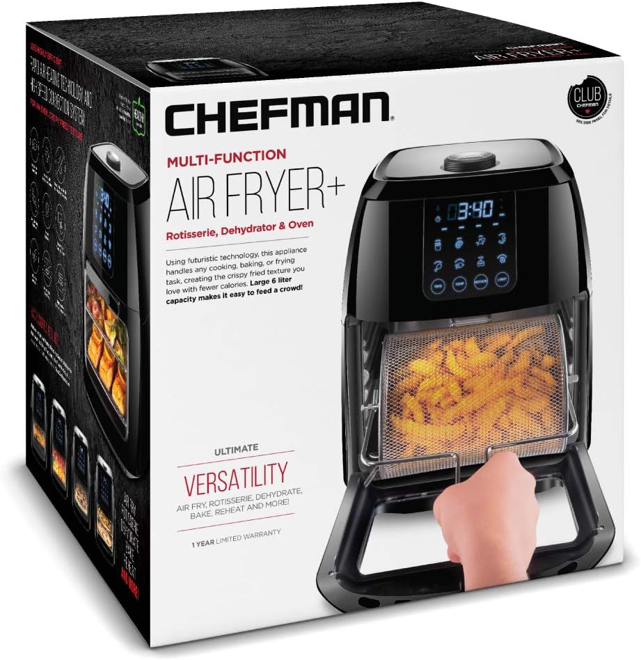 Chefman Compact 6.3-Qt 4-In-1 Digital Air Fryer+, Rotisserie, Dehydrator, Convection Oven, XL Family Size, 8 Touch Screen Presets, BPA-Free, Auto Shutoff, Accessories Included, Black