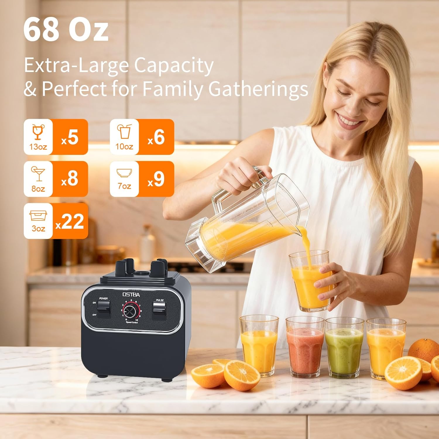 OSTBA Blenders for Kitchen with 68Oz, 1600W Blender for Smoothies, 10 Speeds BPA-Free Countertop Professional Blender for Ice Crushing, Frozen Fruits, Drinks, Self-Cleaning