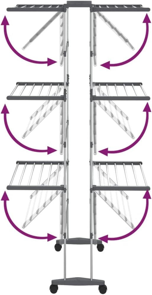 vidaXL Foldable 3-Tier Laundry Drying Rack with Wheels in Silver - Compact Aluminium Clothes Drying Stand, Ideal for Limited Space, Easy Assembly Required