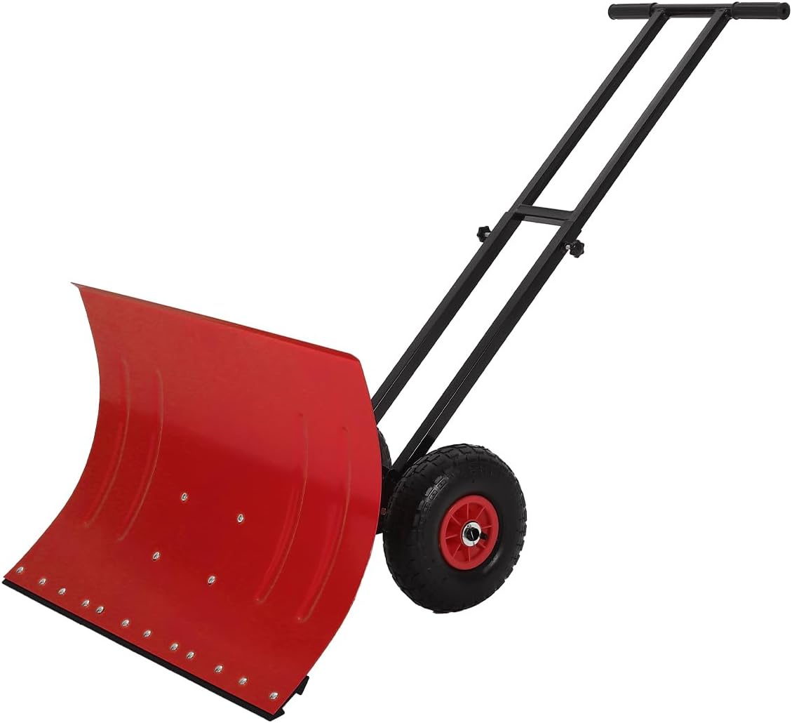 Wheeled Snow Shovel Pusher - Heavy Duty Steel Push Plow with Adjustable Handle Efficient Snow Removal Angle Settings for Driveways Sidewalks Red