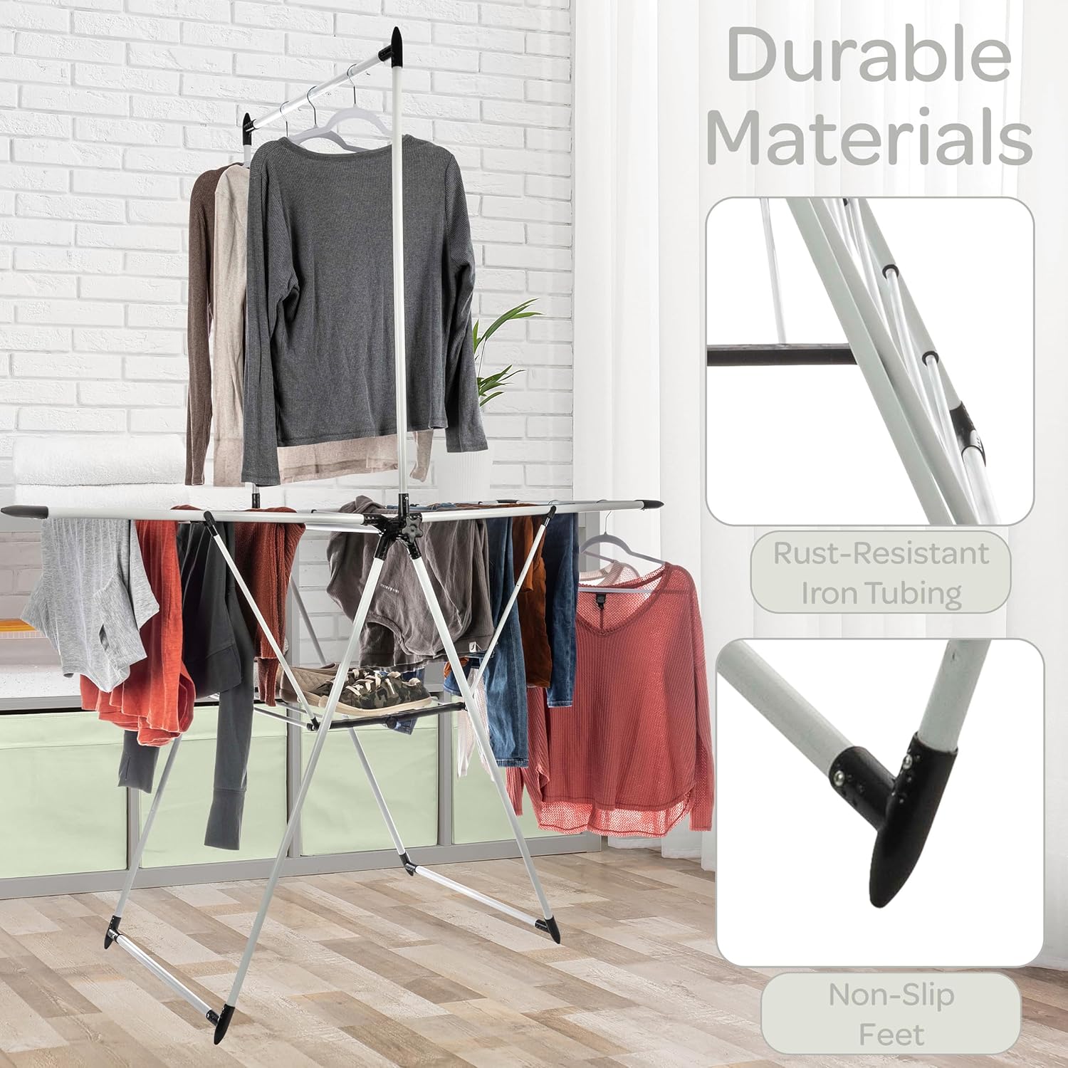 Clothes Drying Rack - 2-Level Laundry Drying Rack with 24 Drying Rails, Hanging Bar, and 2 Height-Adjustable Wings - Indoor/Outdoor Foldable Drying Rack by Home-Complete (White)