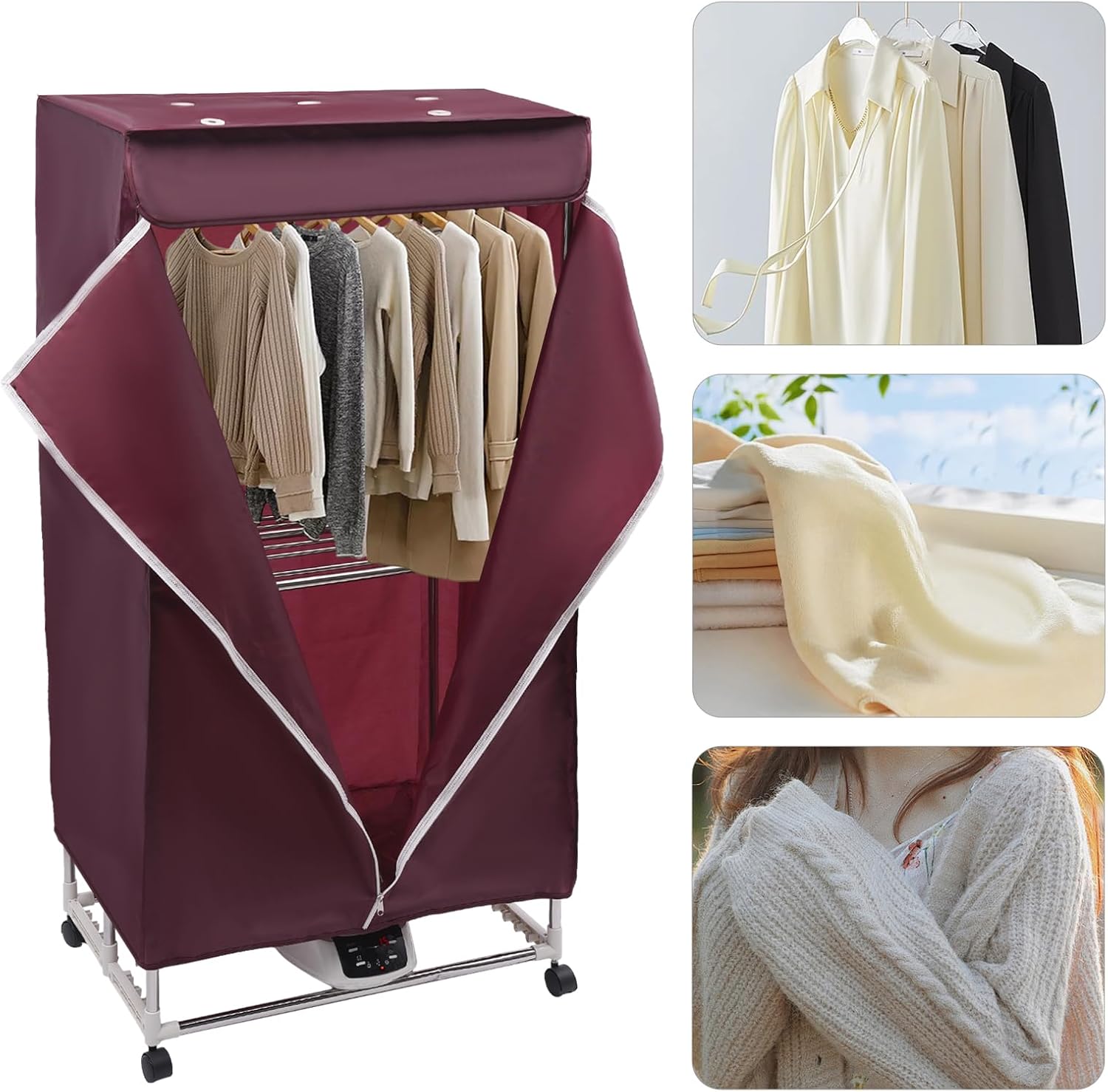 Portable Clothes Dryer with Timer, 1200W Drying Machine for Laundry 2-Tier Foldable Clothes Dryer Rack Stainless Steel Mini Dryer for Apartments Home Dorms Travel RV (Wine Red w/remote)