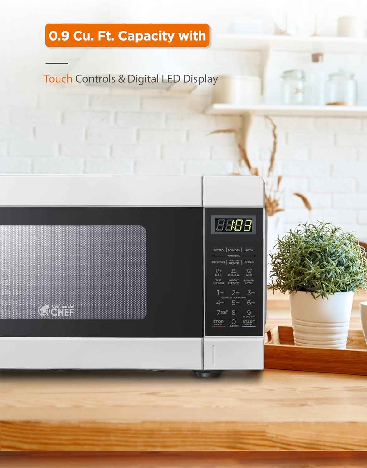 Commercial CHEF CHM990W 900 Watt Counter Top Microwave Oven, 0.9 Cubic Feet, White Cabinet