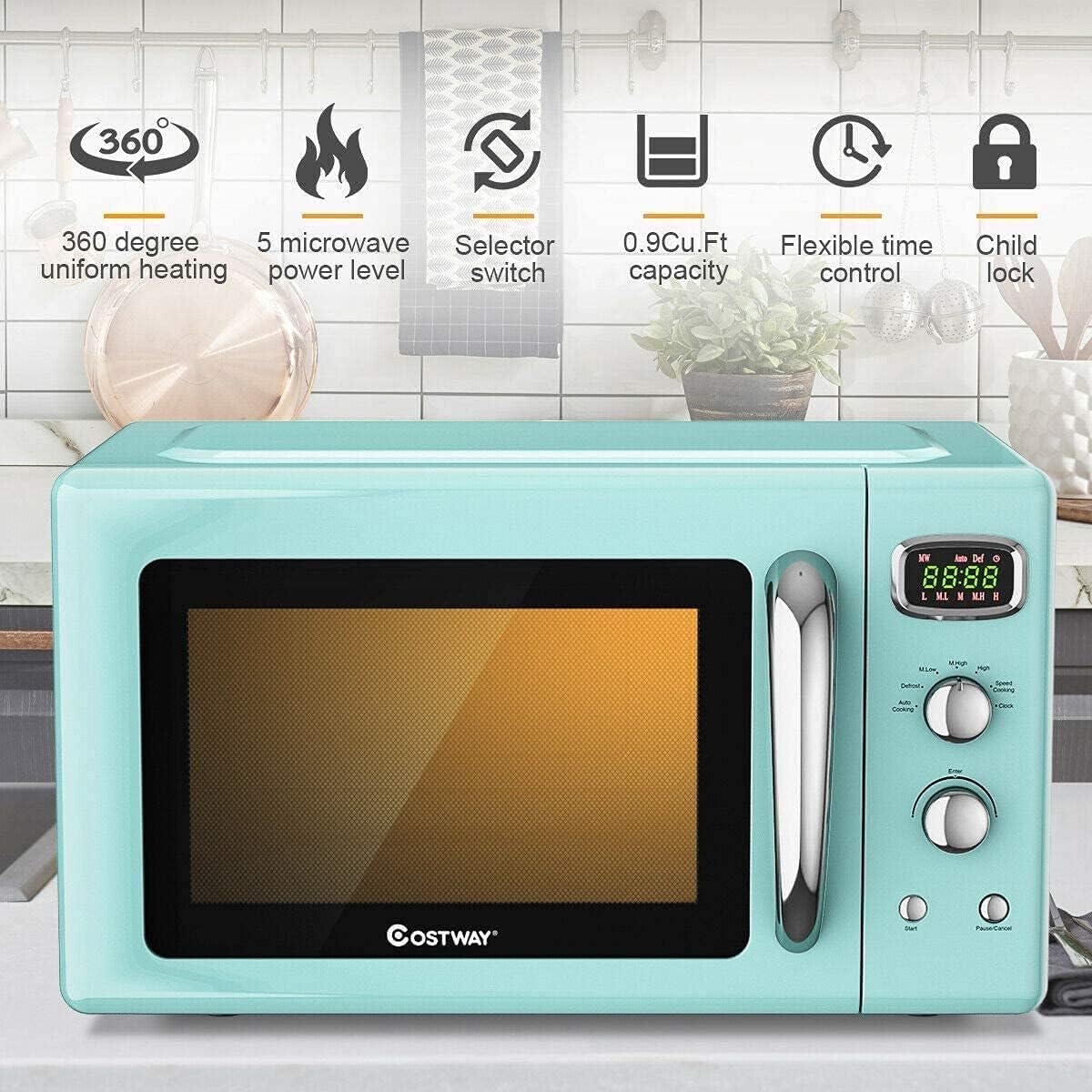 Moccha Large 0.9Cu.ft Countertop Microwave Oven, 900-Watt Retro Microwave w/Child Safety Lock, Defrost & Auto Cooking Function, LED Display, Glass Turntable (Mint Green)