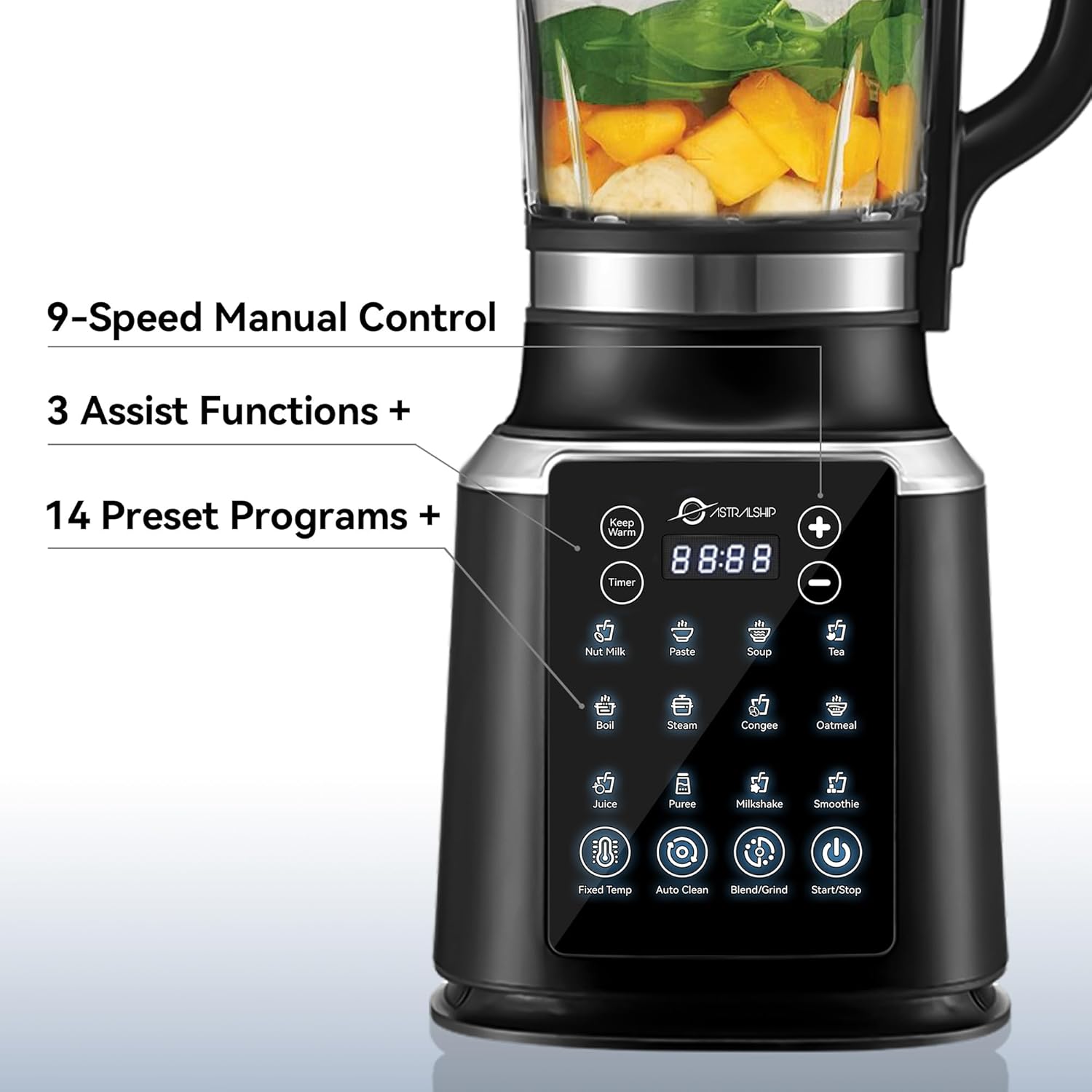 Blenders for Kitchen with Tamper 1500W Adjustable 26000-60000RPM High Speed Food Processors Stainle, Black Glass jar blender with Keep Warm, 14 Preset Functions & Auto Clean for Smoothies, Soups More
