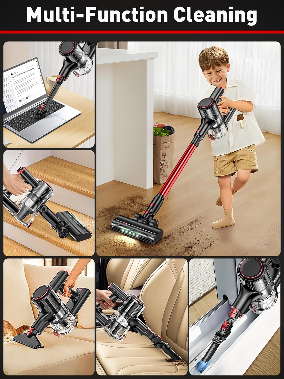 Cordless Vacuum Cleaner, 45KPA 8-in-1 Vacuum Cleaners for Home, 50Mins Runtime, Anti-Tangle Stick Vacuum with LED Display, Rechargeable Lightweight Vacuum for Pet Hair/Carpet/Floor (Red)