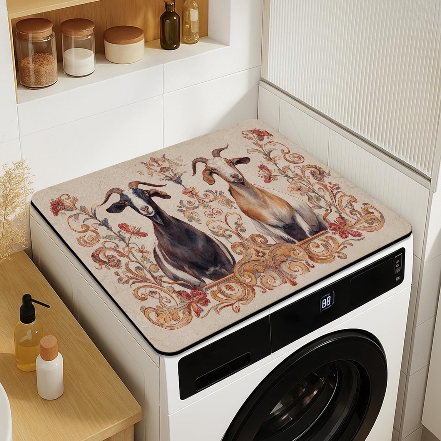 Artistic Washer Dryer Top Protector Mat, Vintage Floral Goat Design Laundry Machine Dust Covers, Rustic Rubber Anti-slip Waterproof Washer And Dryer Mats for Laundry Room 20x24 Inch