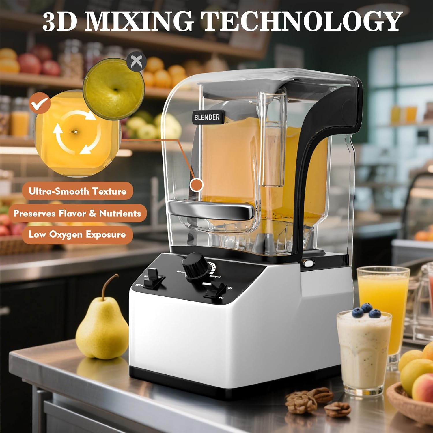 Commercial Blender for Smoothies, Professional Blender, High Speed Quiet Countertop Blenders with Sound Enclosure, 70 Oz Pitcher, Self-Cleaning (WHITE)