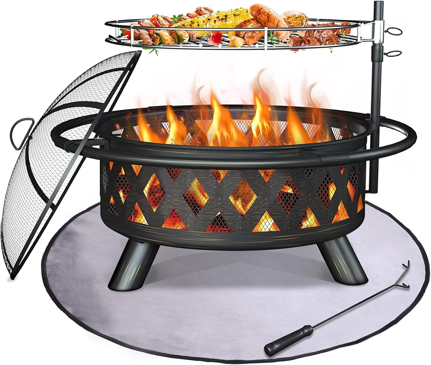 Amopatio Fire Pit with Mat & Cover, 30 Inch Large Outdoor Wood Burning Fire Pits, Patio Backyard Firepit with Steel BBQ Grill Cooking Grate, Spark Screen & Poker for Garden, Bonfire, Camping, Picnic