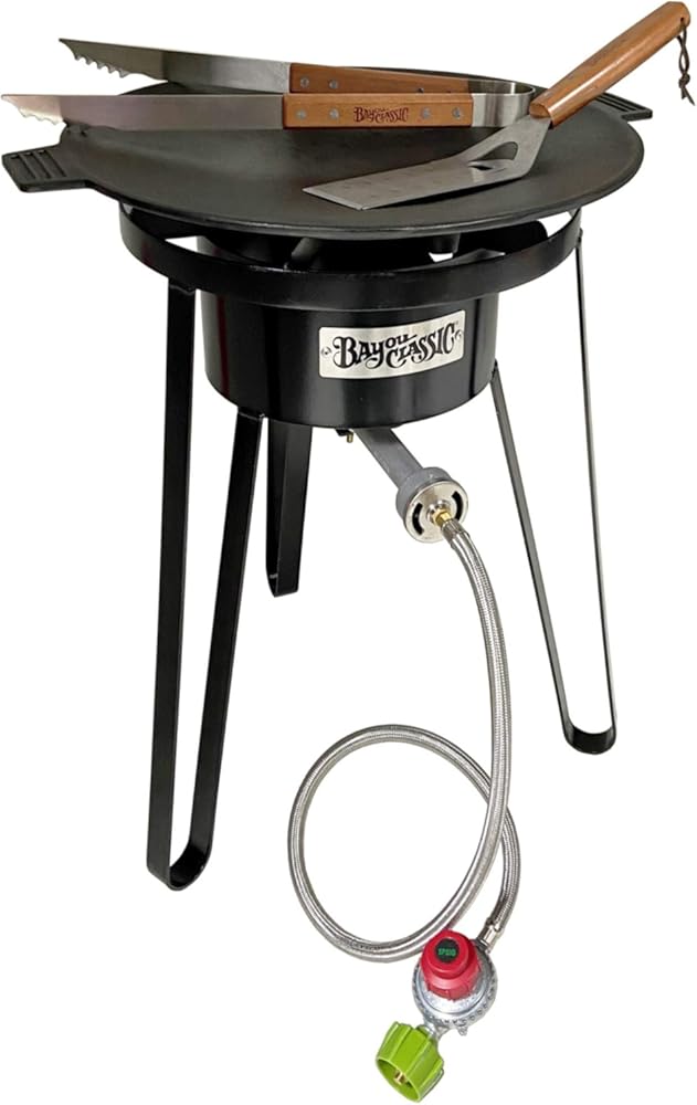 Bayou Classic B178 Campers Discada Cooker Set Perfect for Outdoor Skottle Cooking Features 17-in Diameter Cook Top 4-in Cast Aluminum Burner 21-in Tall Welded Frame Stainless Tongs & Stainless Spatula