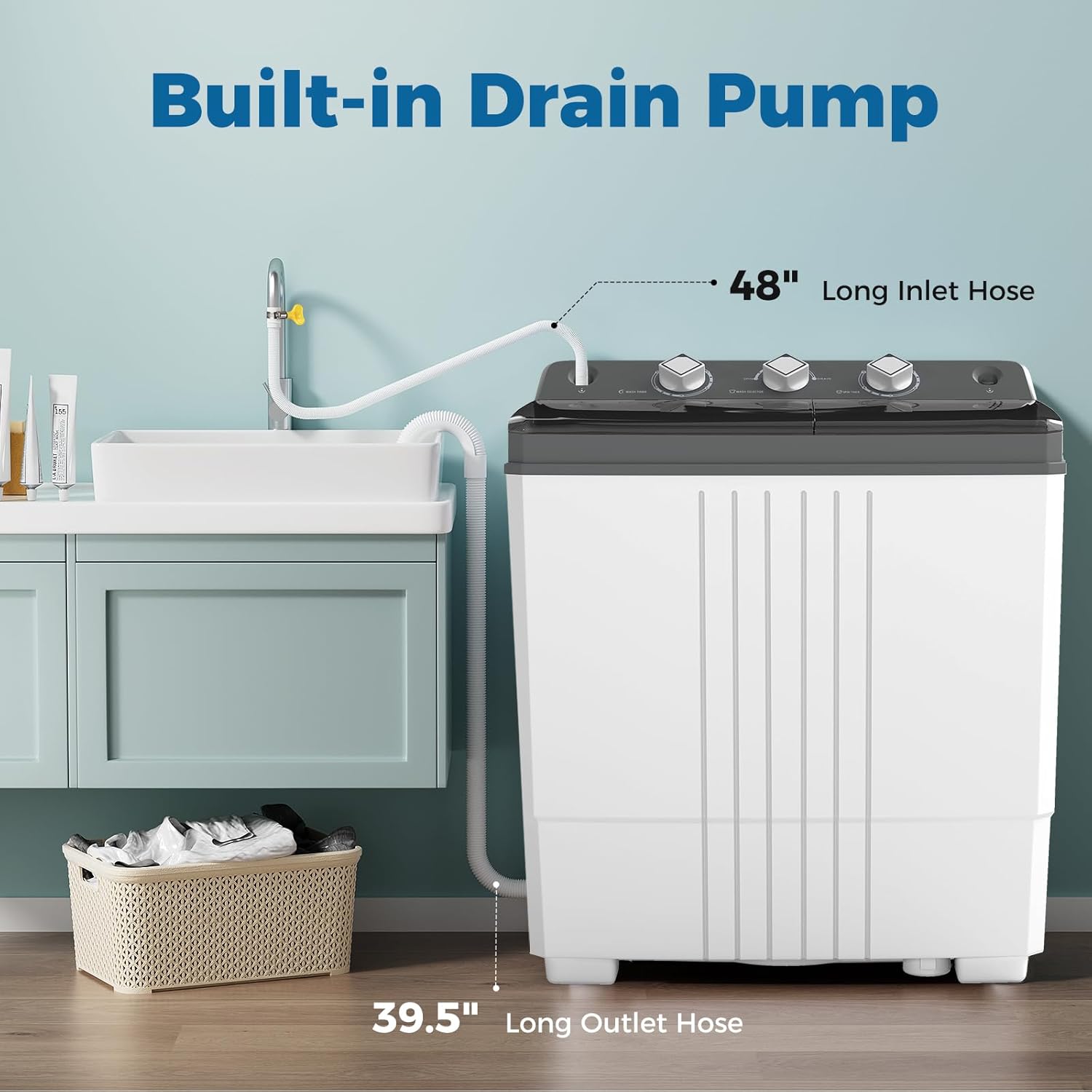 COSTWAY Portable Washing Machine, Twin Tub 20 Lbs Capacity, Laundry Washer 12 Lbs and Spinner 8 Lbs with Drain Pump, Timer Control, Perfect for Apartment Dorm RV, Grey