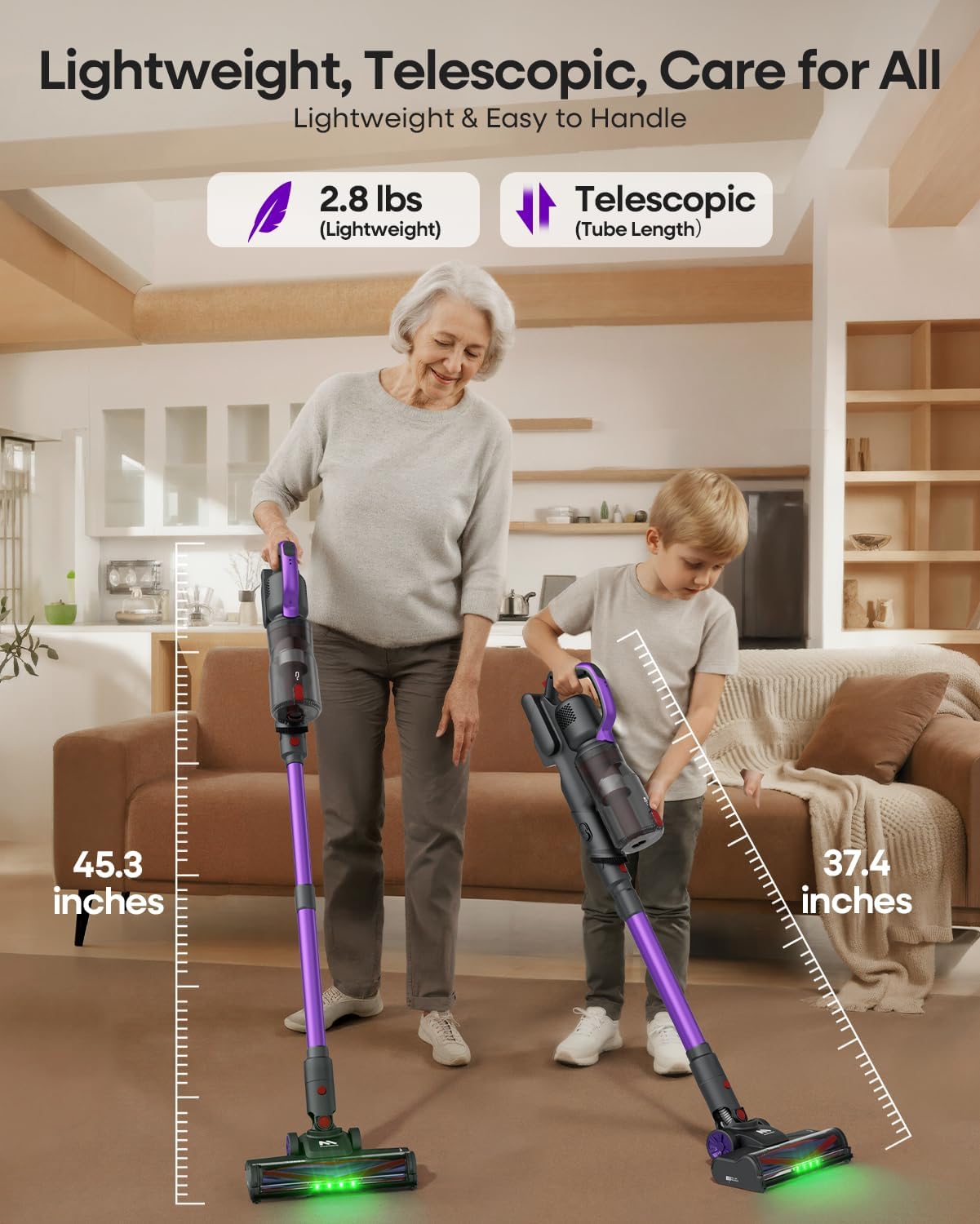 AlloyMove Cordless Vacuum Cleaner 45KPA, Up to 60mins Runtime Lightweight Powerful Suction Vacuum Cleaners for Home, 3 Suction Modes, Rechargeable Stick Vacuum for All Floor/Carpet/Pet Hair/Car, A03