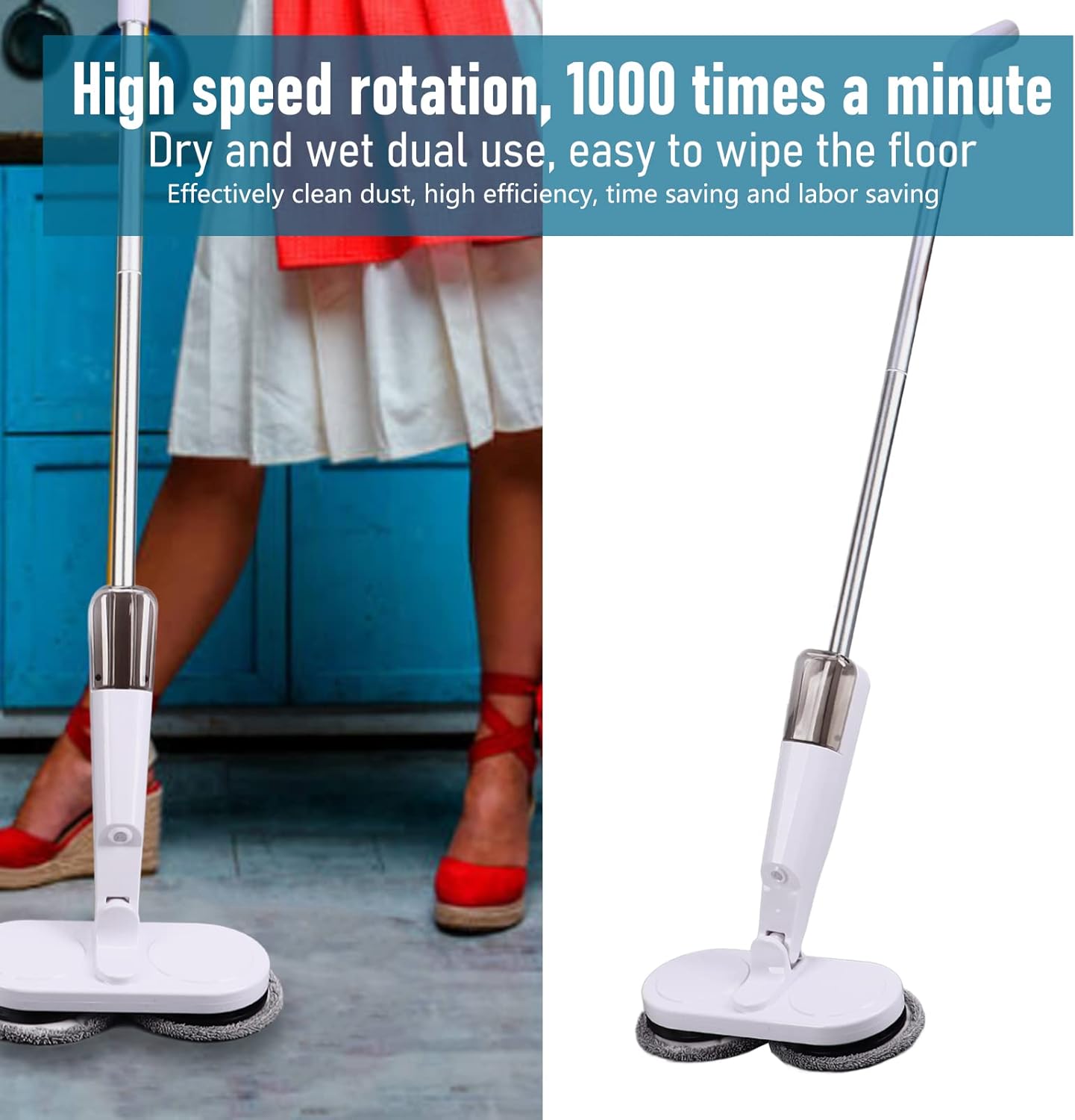 Cordless Electric Mop, Spin Mop Polisher with Water Tank Replaceable Cloth, Dry and Wet Up to 60 Mins Convenient Detachable Handheld Unit 2000mAh Steam Cleaner Designed for Hard Floors