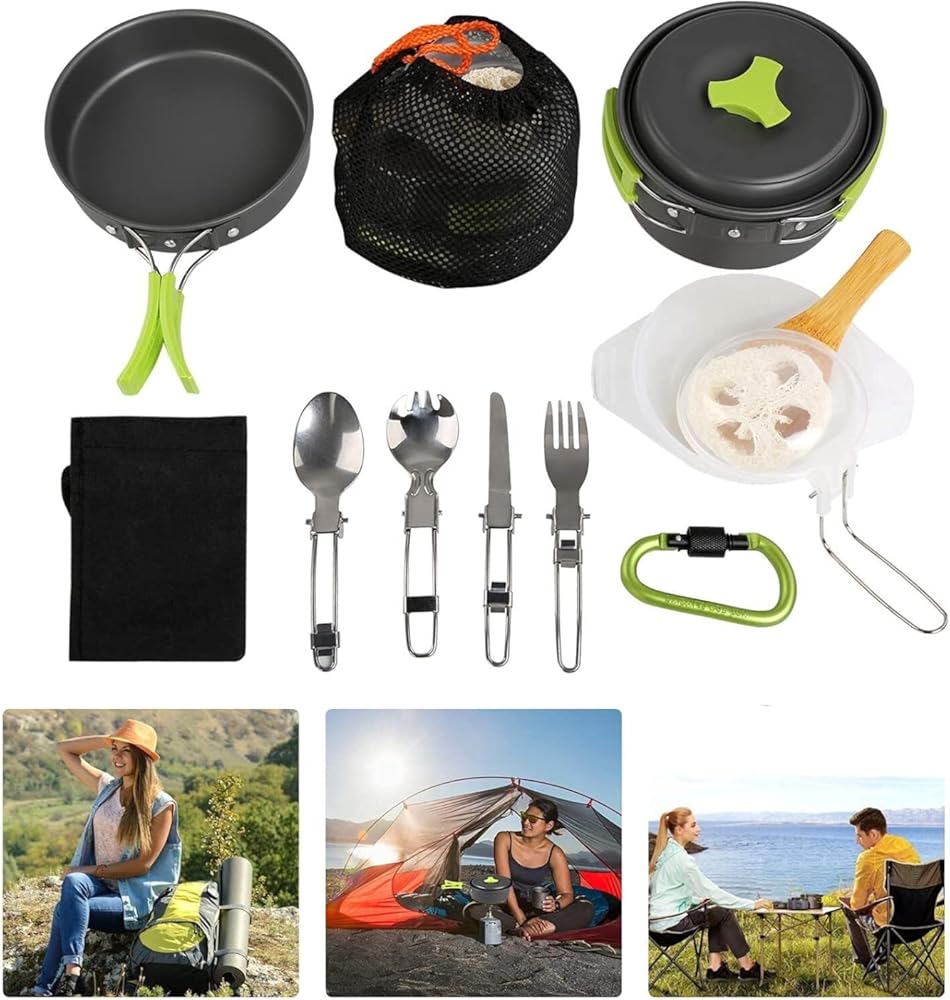 1-2 People 15Pcs Camping Cooking Set Non Stick Camping Utensils Pot Pans Set for Outdoor Camping Backpacking Gear Hiking BBQ Picnic, Lightweight & Compact & Durable