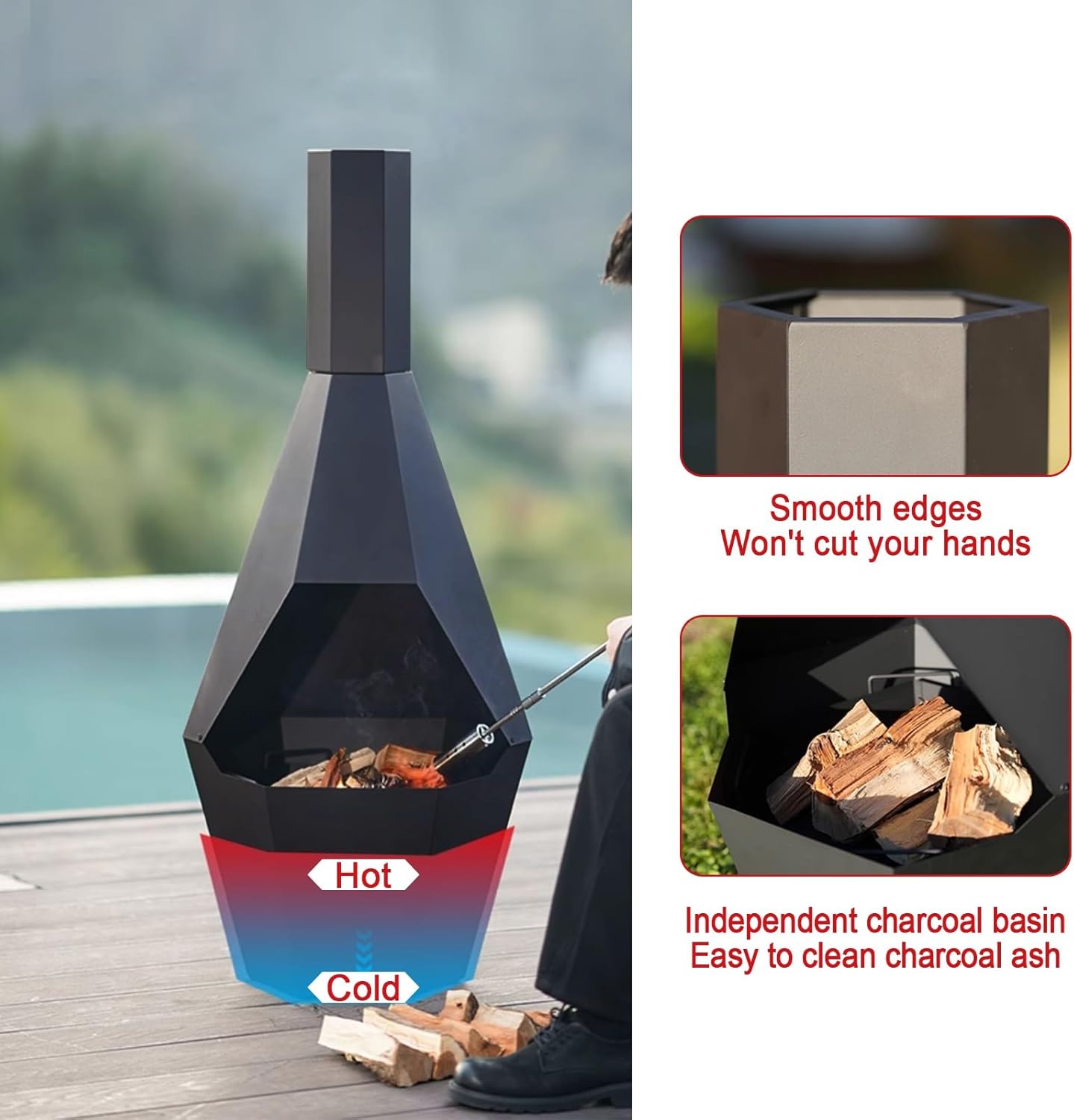 Chiminea Outdoor Fireplace, Outdoor Wood-Burning Chiminea Fire Pit, Camp Stove with Extended Chimney - 304 Stainless Steel Barbecue Grill, Firewood Brazier, Fire Hook