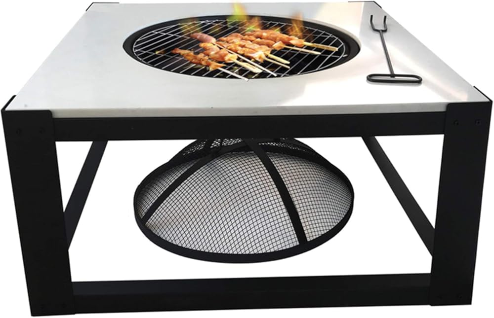 Cast Stone Bonfire Table,Party Fire Pit for Camping,Patio Heater,with Deep Fire Pit Bowl/Net Cover/Chrome Grilled Wire Mesh/Black Charcoal Tray