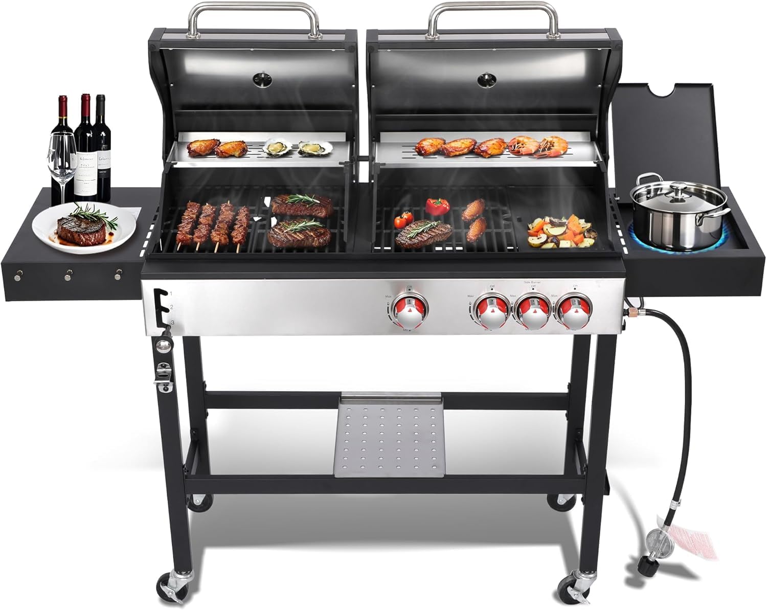Charcoal Gas Grill Combo with Side Burner | Propane Grill and Griddle Combo | BBQ Grills with Heavy-Duty Cast Iron Grate, 673 SQ.IN Cooking Space, 3-in-1 Griddle Grill and Pot for Outdoor