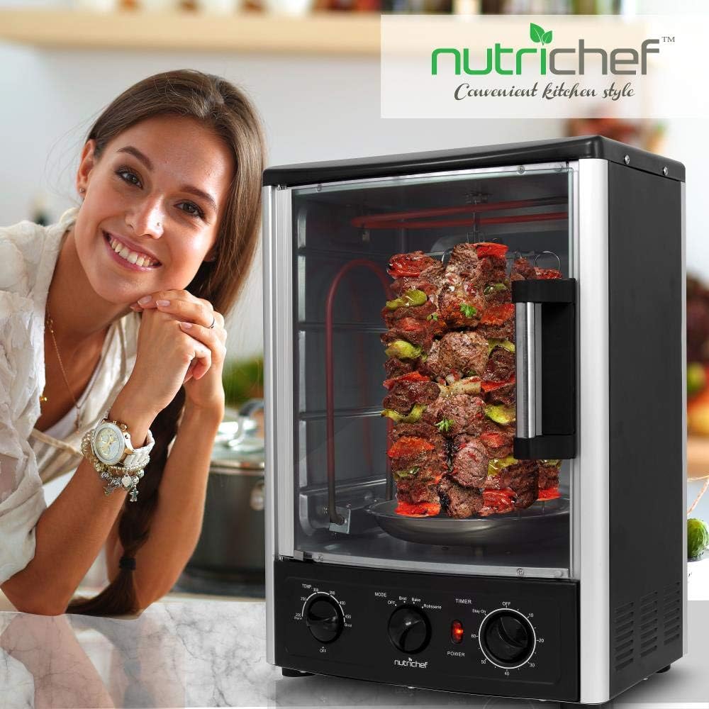 NutriChef Multi-Function Rotisserie Countertop Oven | 24 Quart Vertical Glass Door Convection Oven, for Rotisserie Roasting & Broiling | Timer & Temperature Control | 13.4 x 12.2 x 18.9