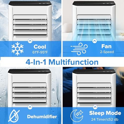 8,000 BTU Portable Air Conditioner Cools up to 350 SQ. FT, 4 in 1 AC Unit with Powerful Cooling, Sleep Mode, 24H Timer, Air Cooler with Window Installation Kit, for Bedroom, Apartment(BLACK)