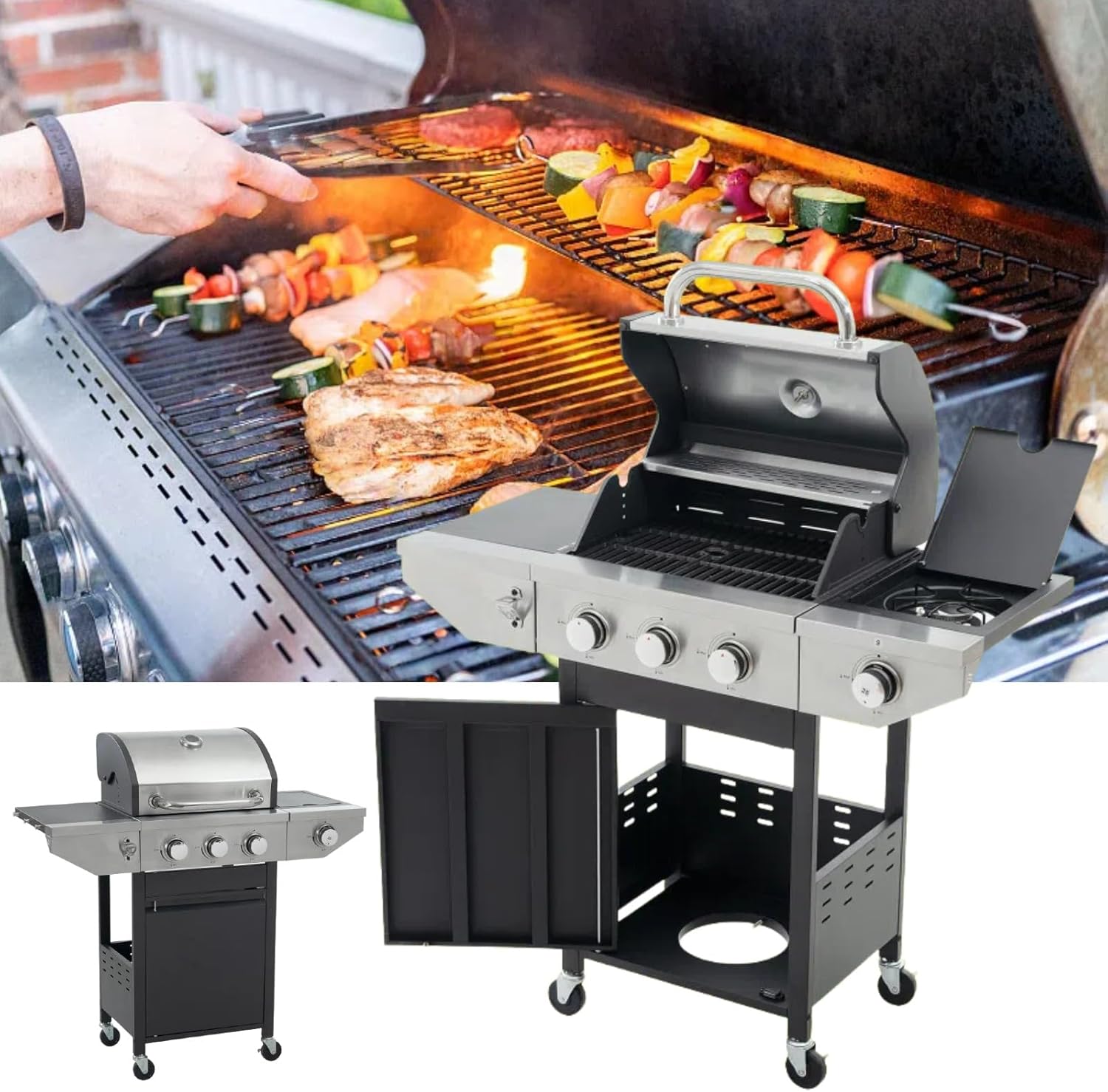 3 Burner Propane Gas Grill with Side Burner, 37,000 BTU Stainless Steel Outdoor BBQ Grill for Patio and Garden Cooking, Black and Silver