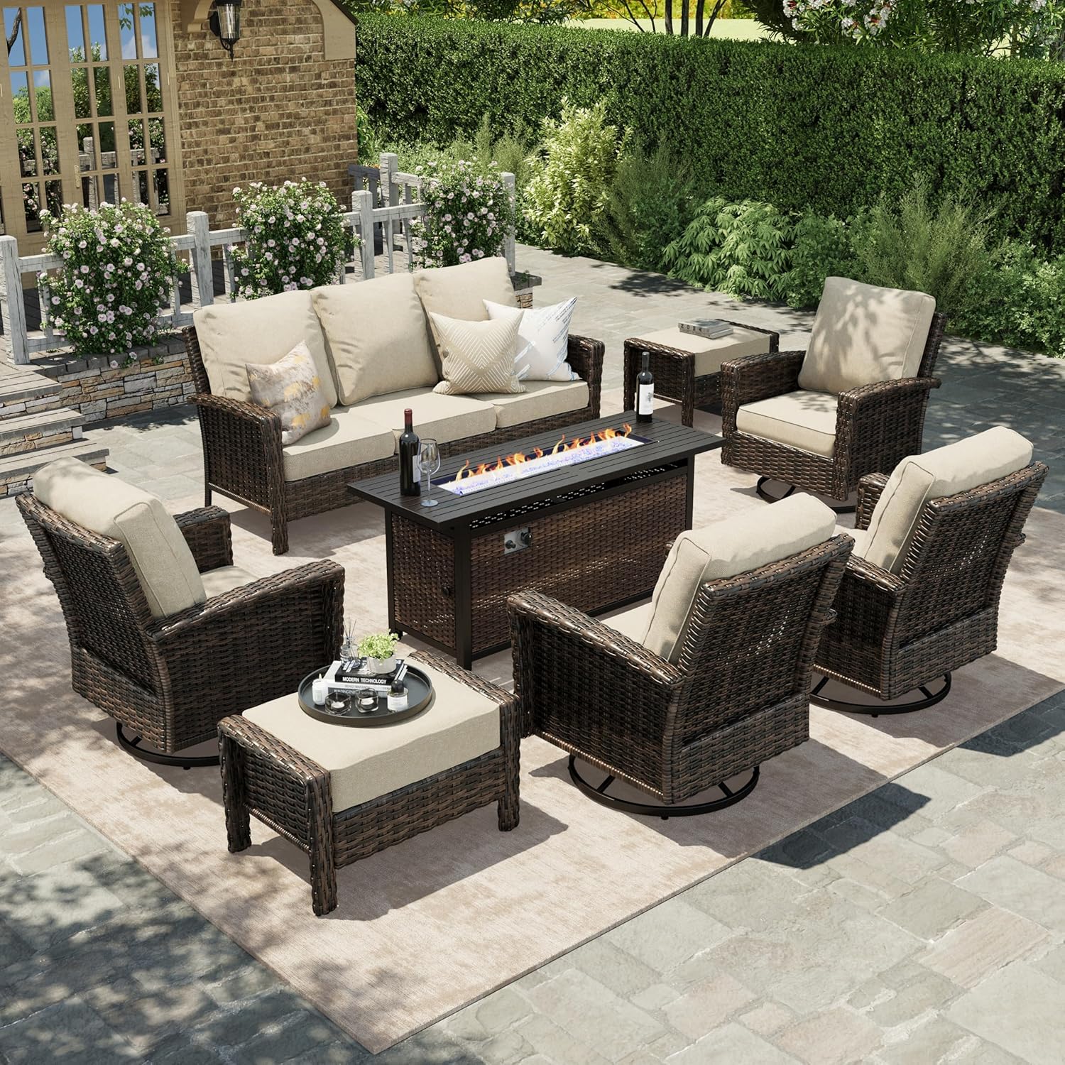 HERA'S HOUSE 8-Piece Outdoor Furniture Set with Fire Pit Table, Patio Conversation Set with 5.5