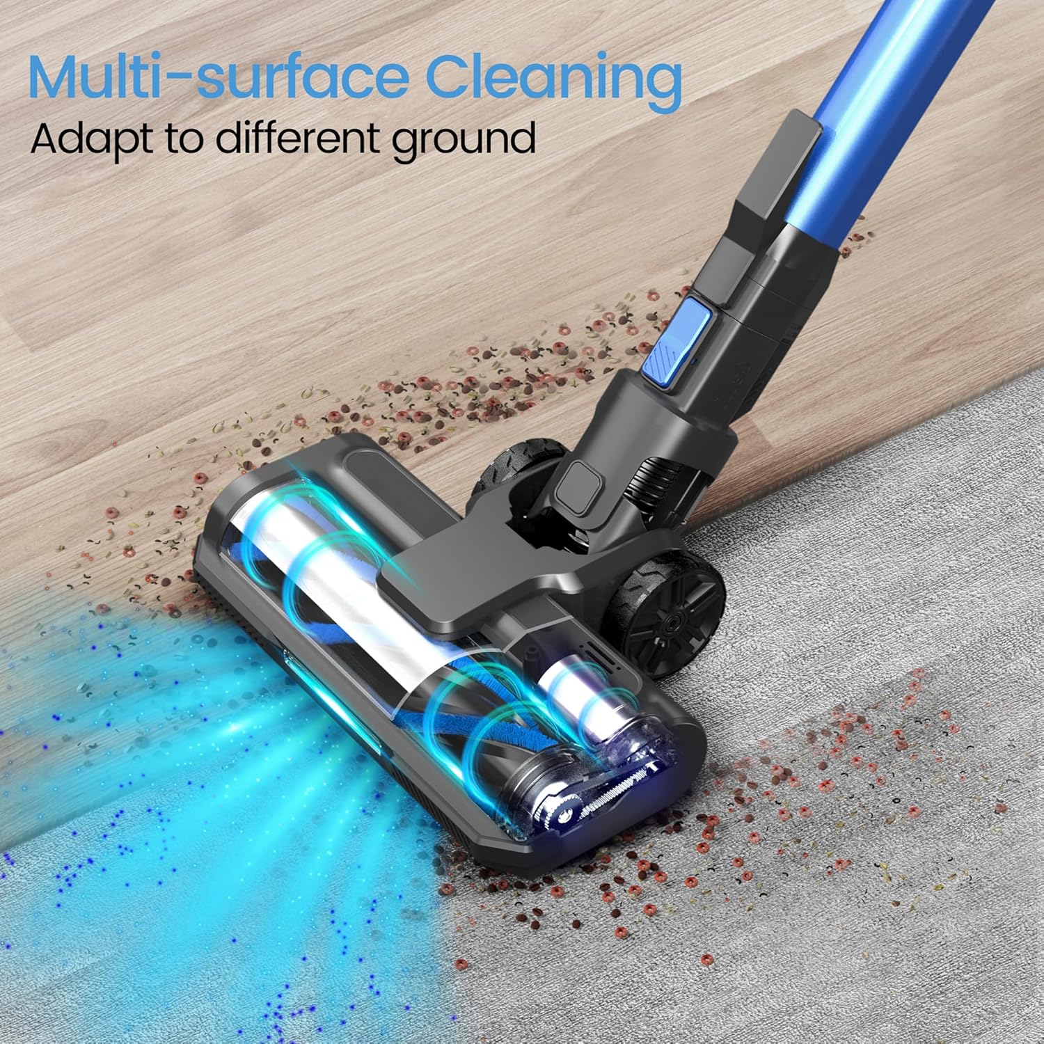 Cordless Vacuum Cleaner, Powerful Suction Vacuum with 40Kpa 500W Brushless Motor, Lightweight Stick Vacuum Cleaner Max 60 Min Runtime for Carpet and Hard Floor Pet Hair (Blue)