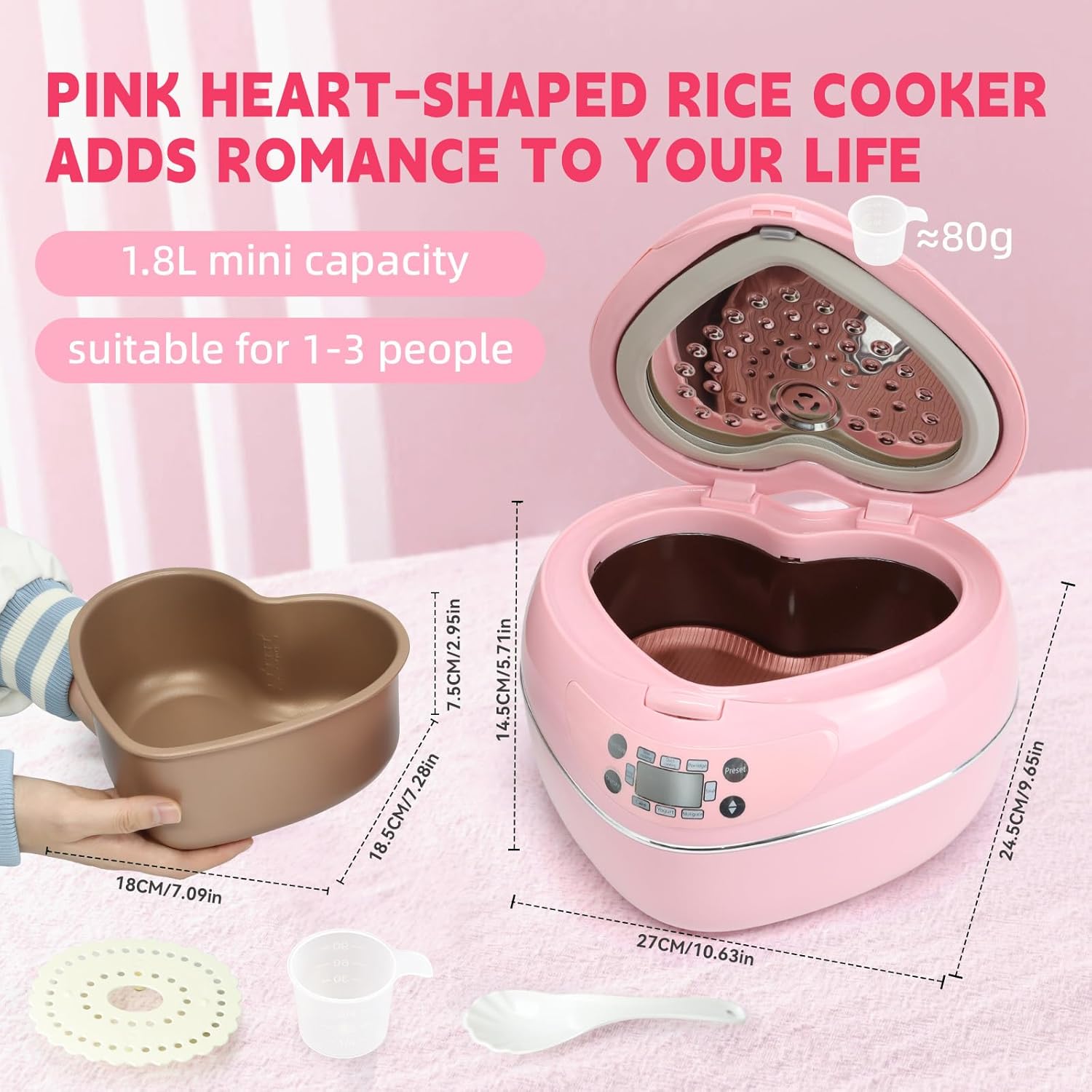 Peach Heart Shape Rice Cooker 8 Cup Cooked, 4 Cup Uncooked Rice, Multifunctional Pink Rice Cooker, 300w, with Preset Timer, 1.8L