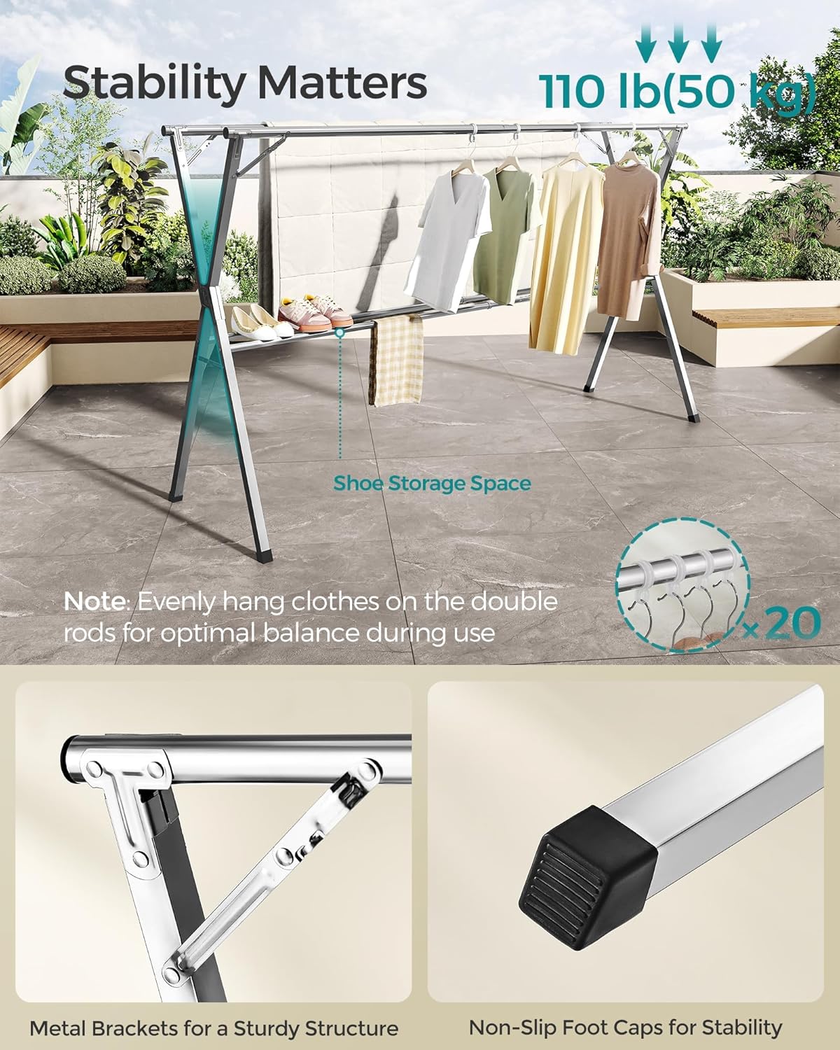 SONGMICS Clothes Drying Rack, Heavy-Duty Laundry Drying Rack, 56.3-93.7 Inches Extendable, Foldable Freestanding Airer, Stainless Steel, for Indoor Outdoor Use, Dove Gray ULLR903E01