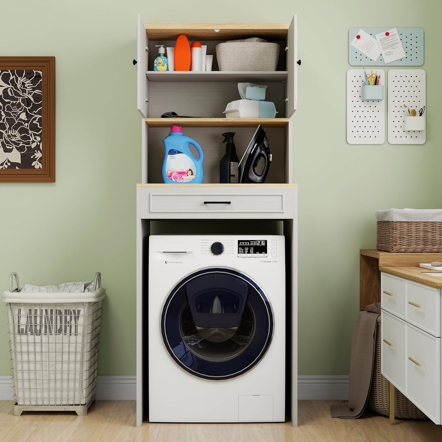 Over-Washer & Dryer Storage Cabinet - Features Fake Drawer Design,Adjustable Shelf,Wide Tabletop, and Anti-Tip Safety -Laundry Room Organizer for Space-Saving Storage Above Appliances