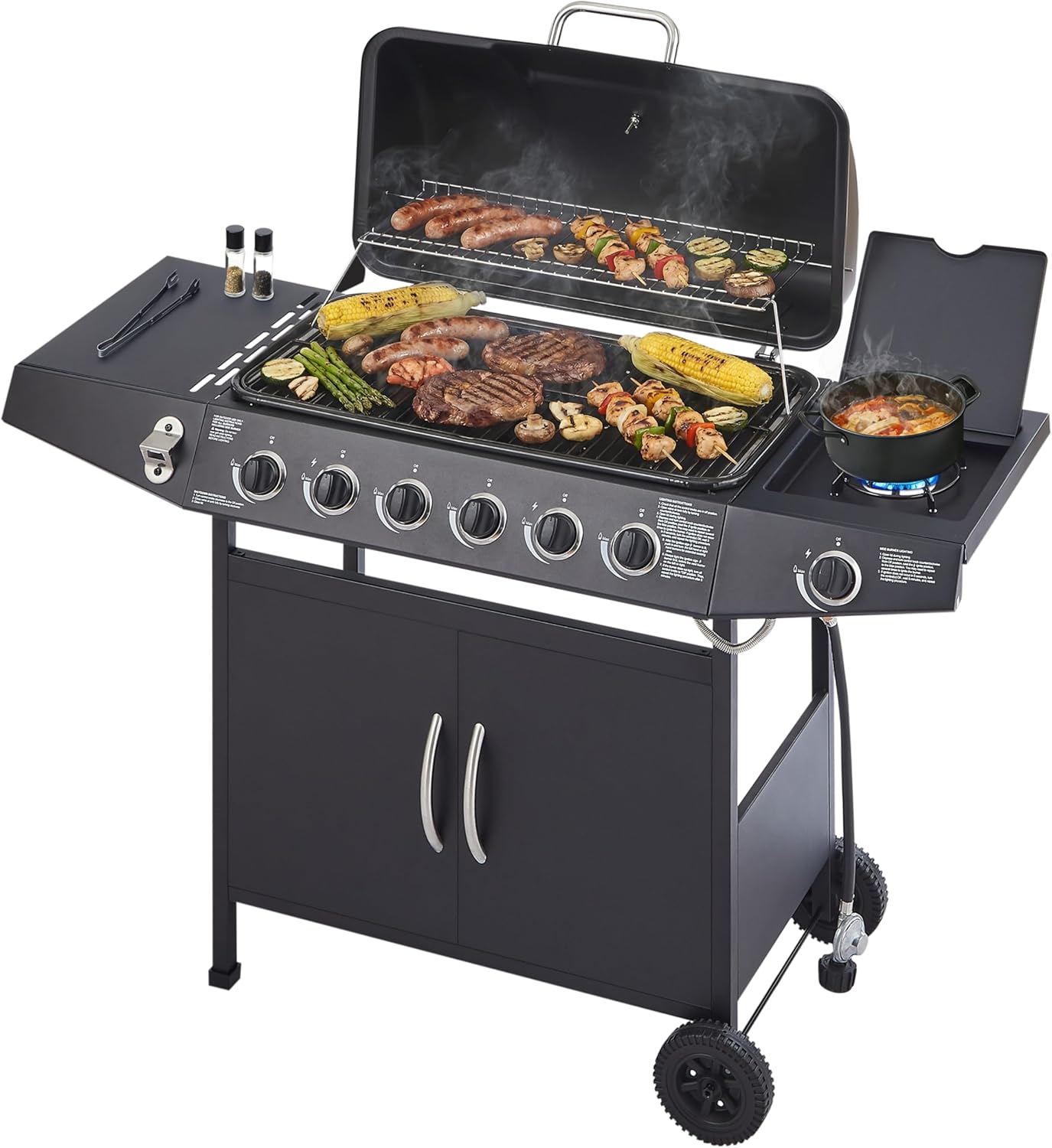Propane Gas BBQ Grill with 6-Burner and Side Burner 59000 BTU Stainless Steel Barbecue Grill with Porcelain-Enameled Cast Iron Grates,Side Shelves and Wheels Portable Outdoor Grill for Pation,Backyard