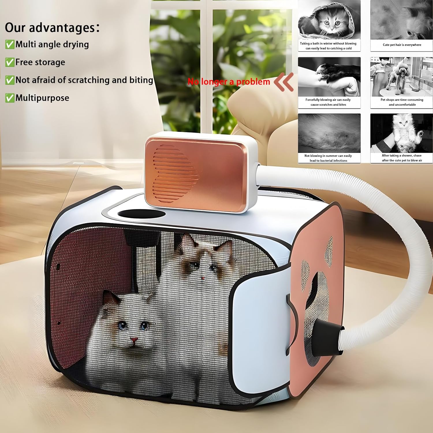 Pet Dryer with Pet Dryer Box 108L and Pad, Hands-Free, Ventilation and Circulation, Anti Hair Flying, Foldable Low Noise ldeal for Drying Cat and Dog Hair