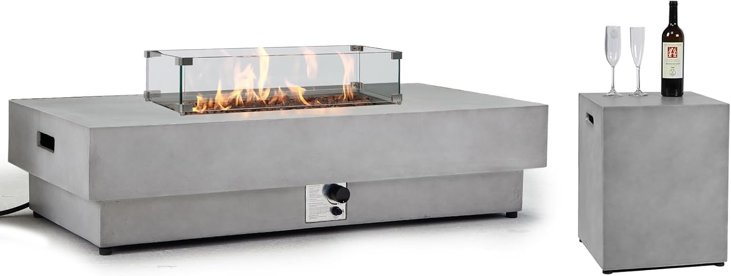 60Inch Fire Pit Table Propane with Tank Cover Windy Guard, 50,000 BTU Concrete Rectangle Firepit for Outside Patio with Metal Lid, Lava Rocks, Rain Cover, Backyard, Outdoor