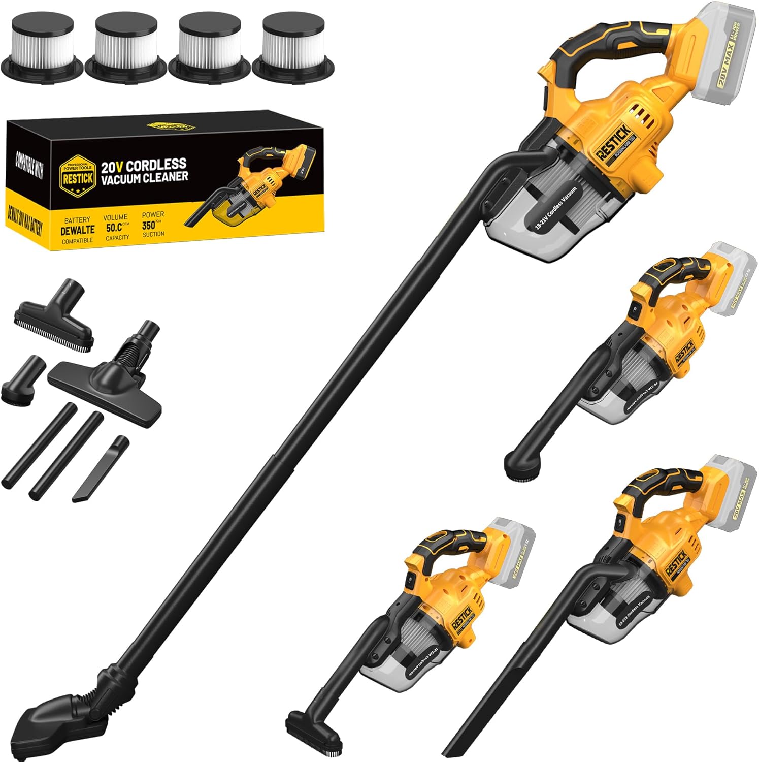 Cordless Vacuum Cleaner for Dewalt 20V Battery (No Battery), 35kPa Strong Suction 65CFM, Brushless Handheld Vaccum Kit with 4-Nozzle Portable Design, 4 Washable HEPA Filters (Tool Only)