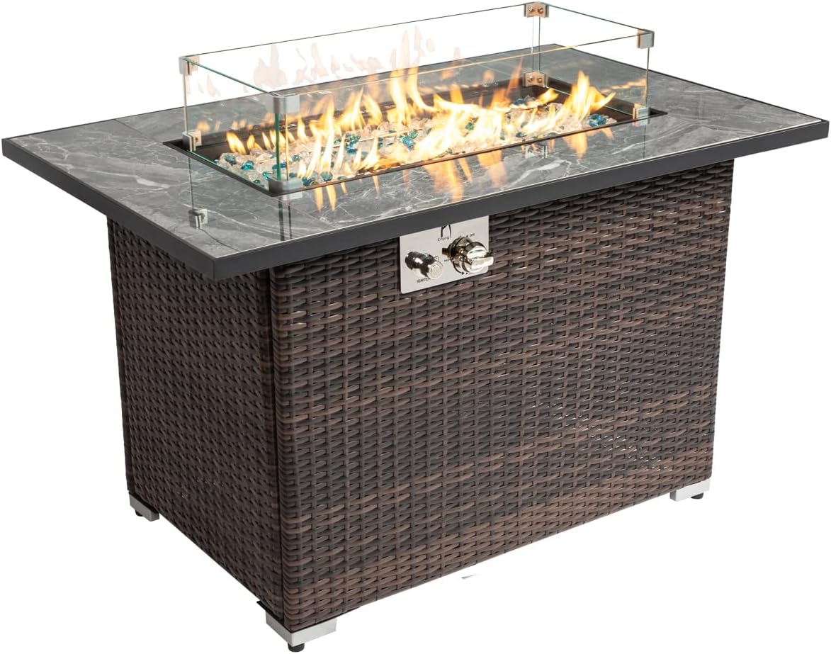 44in Outdoor Fire Pit Table with Natural Gas Conversion Kit, 50,000 BTU Auto-Ignition Gas Firepit with Glass Wind Guard, Marble Tile Tabletop, Mixed Color Glass Rocks, Brown PE Rattan…