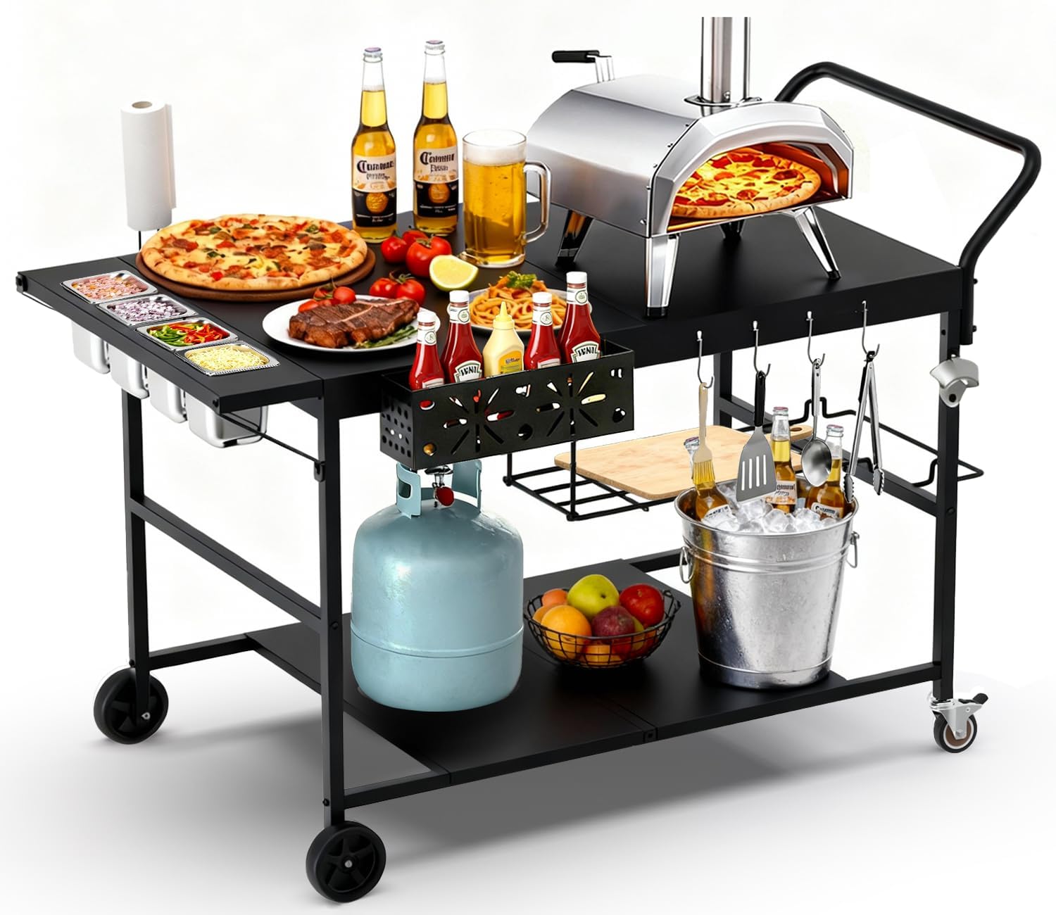 Pizza Oven Table with Topping Station, Outdoor Pizza Oven Cart, Grill Cart Table for Blackstone Griddle, Pizza Prep Station with Storage & Seasoning Tray, for Ninja, Cuisinart, Gozney