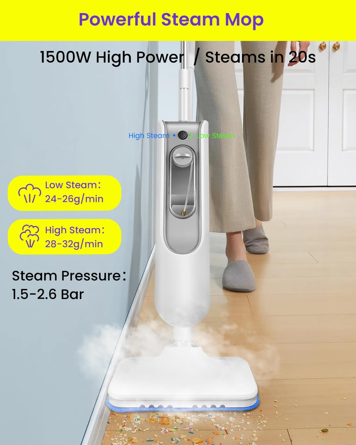 6 IN 1 Steam Mop for Floor Cleaning, Effortless Ergonomic Design Handheld Steam Cleaner, Floor Steamer for Hardwood and Tile, 1500W High Power, 16.4ft Cord, 400Ml XL Tank, 2 Washable Pad
