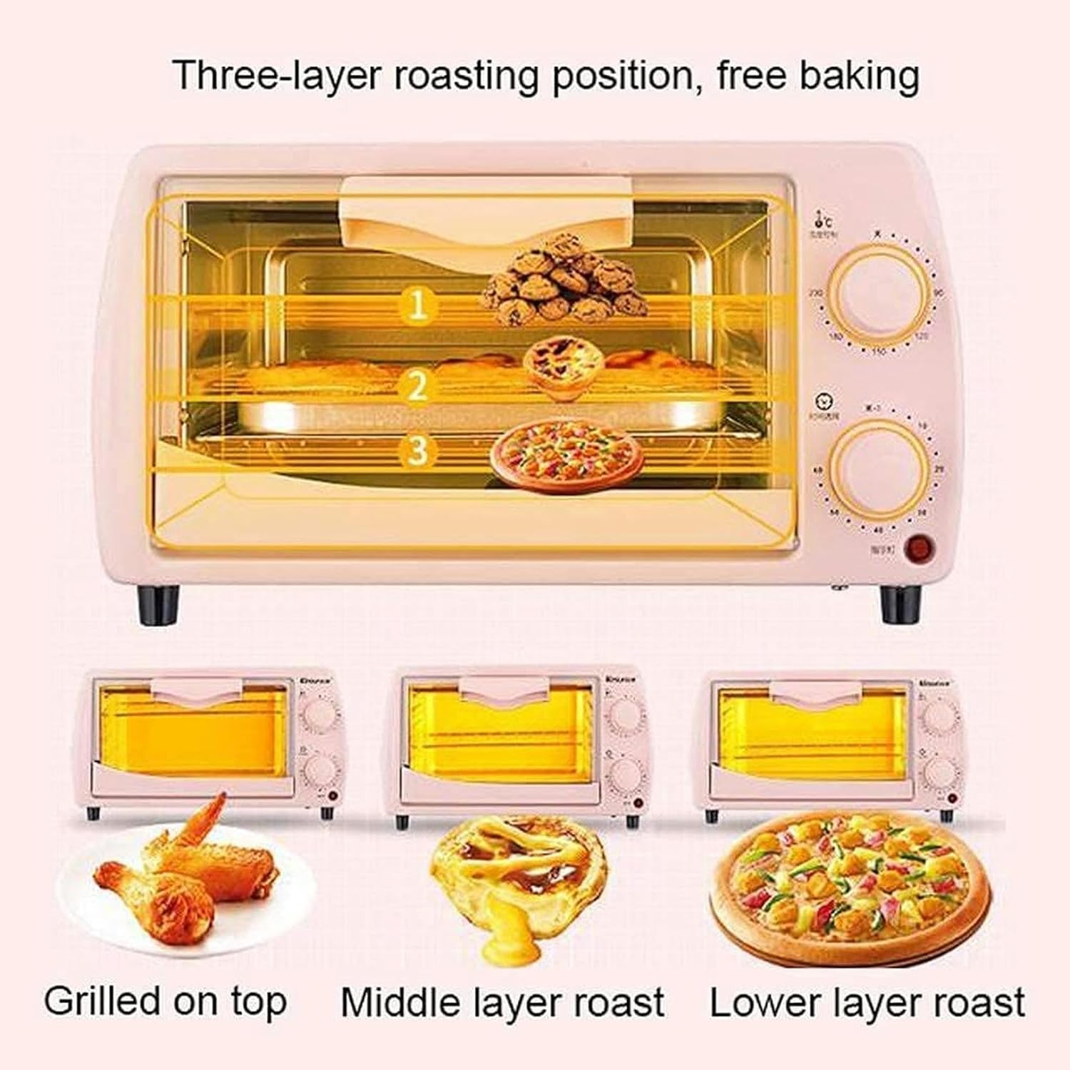 12L Mini Oven Adjustable Temperature 0-230℃ and 60 Minutes Timer Three-Layer Baking Position Household Baking Multi-Function Fully Automatic Electric Oven Baking Cake Bread Pizza with Access (Blue)-1*