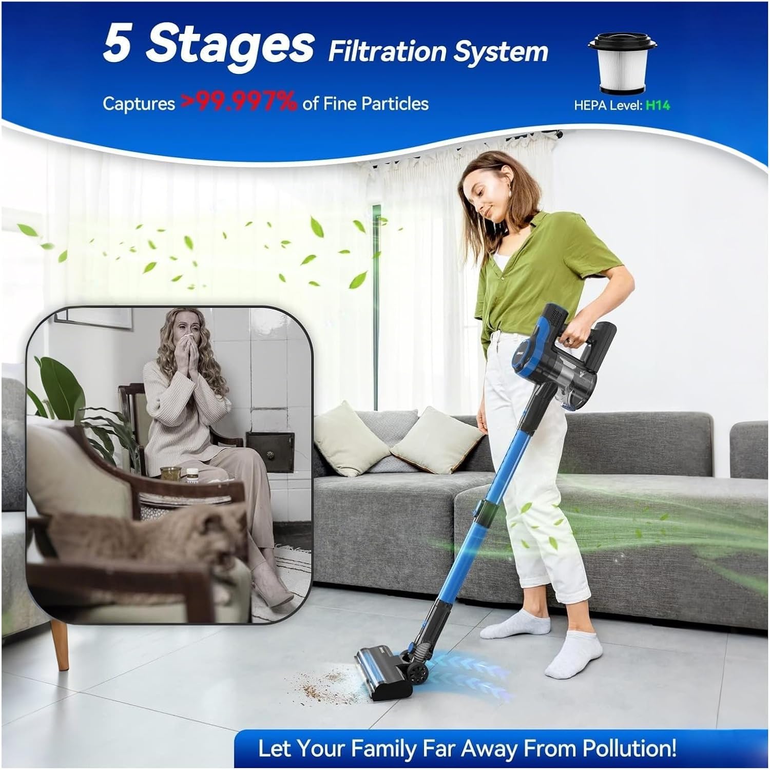 Compatible With Devoac V50 Cordless Vacuum Cleaner, 25KPa Powerful Suction, 6-in-1 Lightweight Stick Vacuum, 50min Runtime For Hard Floor Carpet Pet Hair Home Car Cleaning