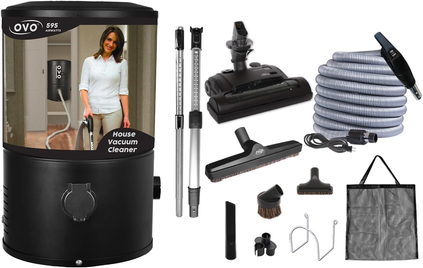 OVO Wall Mounted House Vacuum Cleaner, fits in Closet and Tight Spaces, 595 Airwatts, Use with Disposable Filtration Bags, 18L / 4.75 gal, with 40 ft Carpet Deluxe Accessory kit Included