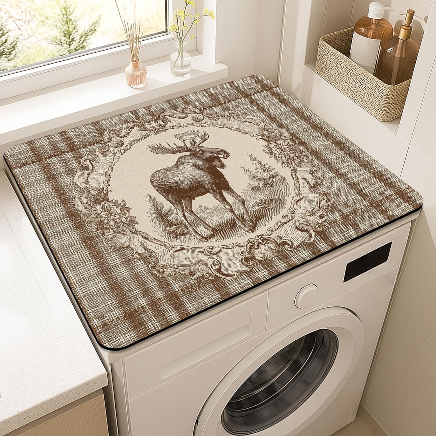 Moose Washer Dryer Top Protector Mat, Rustic Vintage Moose Illustration Laundry Machine Dust Cover, Autumn Animal Rubber Anti-slip Waterproof Washer And Dryer Mats for Laundry Room 20x24 Inch