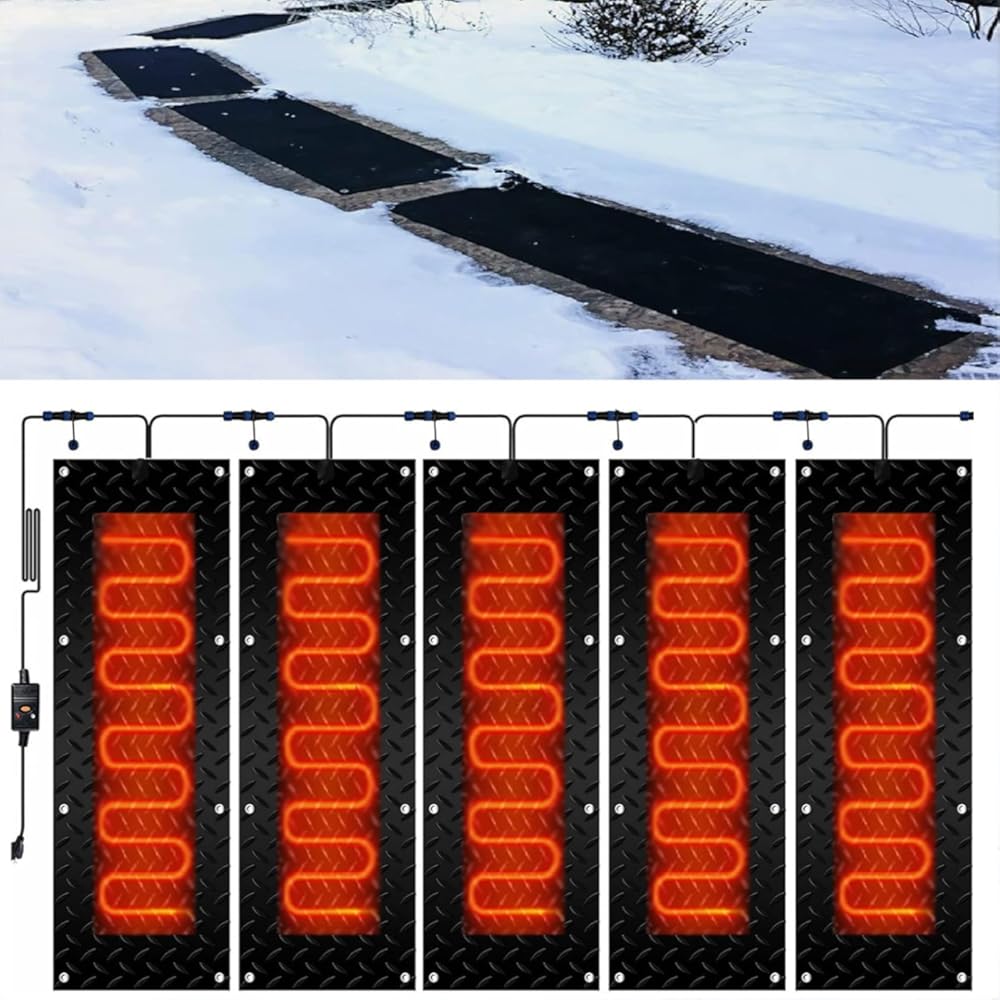 Thickened Snow Melting Mats with Power Unit, 1/2/3/4/5 pcs Outdoor Stairs- Non-Slip Winter Removal and Ice Melt Products -Heating Entrance(5 Pcs-10x48in/(25.4x120cm))