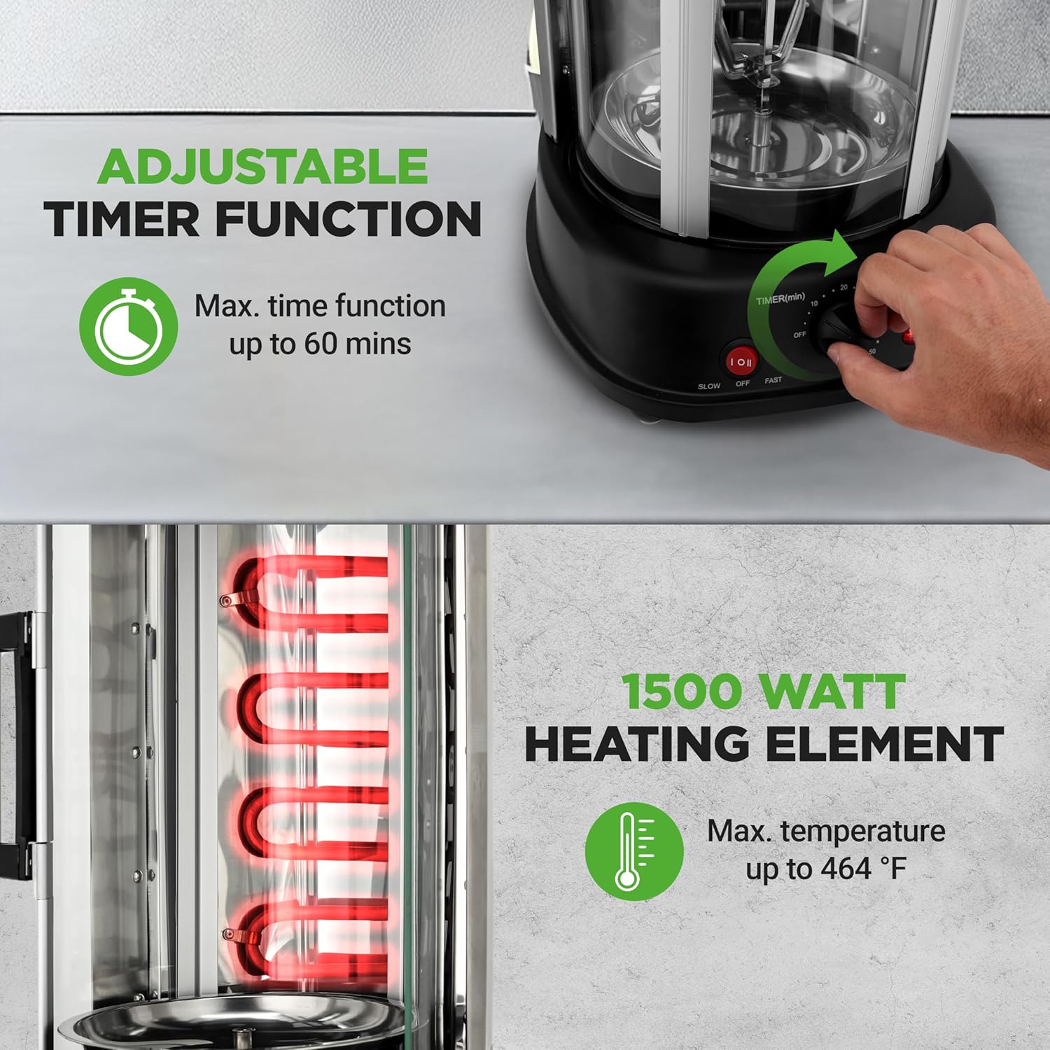 NutriChef Vertical Rotating Shawarma Oven - Rotisserie, Shawarma, & Kebab Machine - Stain-Resistant, Energy-Efficient - Heat-Resistant Door - Includes Kebab Rack with 7 Skewers - Stainless Steel