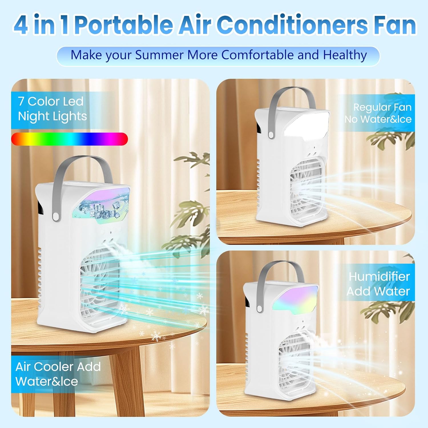 IWENNUAN Portable Air Conditioners, 4 in 1 Portable AC Unit with Remote, 1500ml Water Tank, 3 Speeds, 6H Timer, 2 Spray Mist, 7 Night Light, Personal Mini Air Conditioner for Bedroom, Black