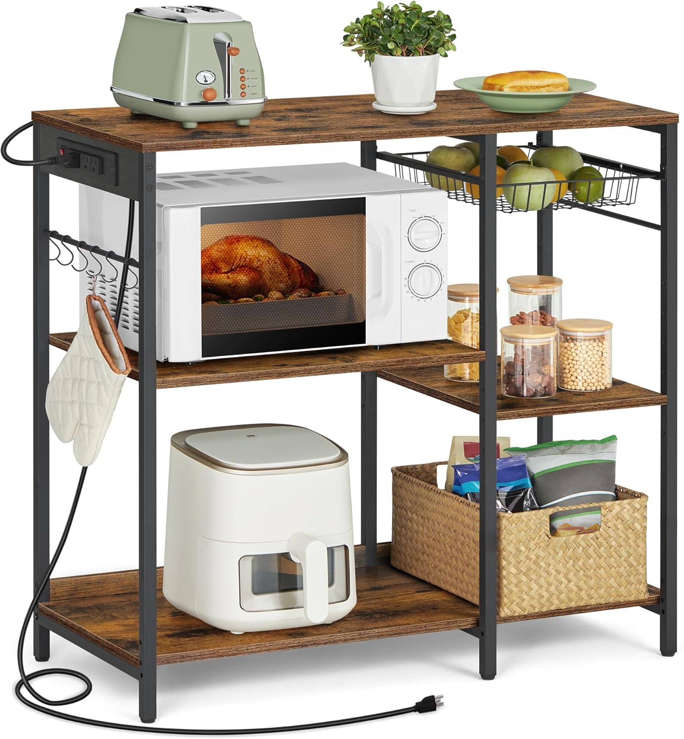 VASAGLE Baker's Rack, Coffee Bar Stand with Charging Station, 35.6 Inches Tall, Storage Shelves, Pull-Out Wire Basket, Table for Microwave, Kitchen, Rustic Brown and Ink Black UKKS036K01