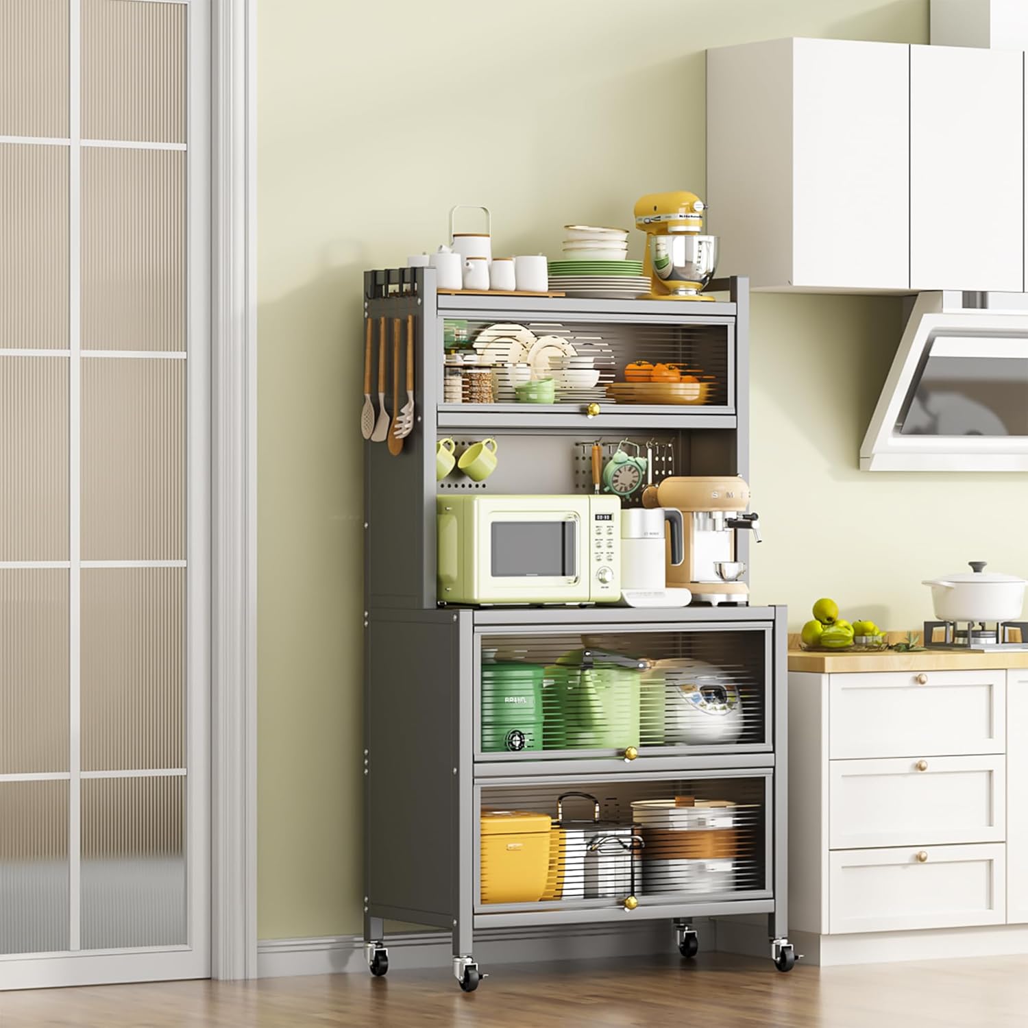 65'' Kitchen Pantry Storage Cabinet, Storage & Microwave Oven Countertop, Pantry Cabinets with 3 Doors and 4 Layers Hole Plate Versatile Storage for Kitchen, Living Room, Dining Room